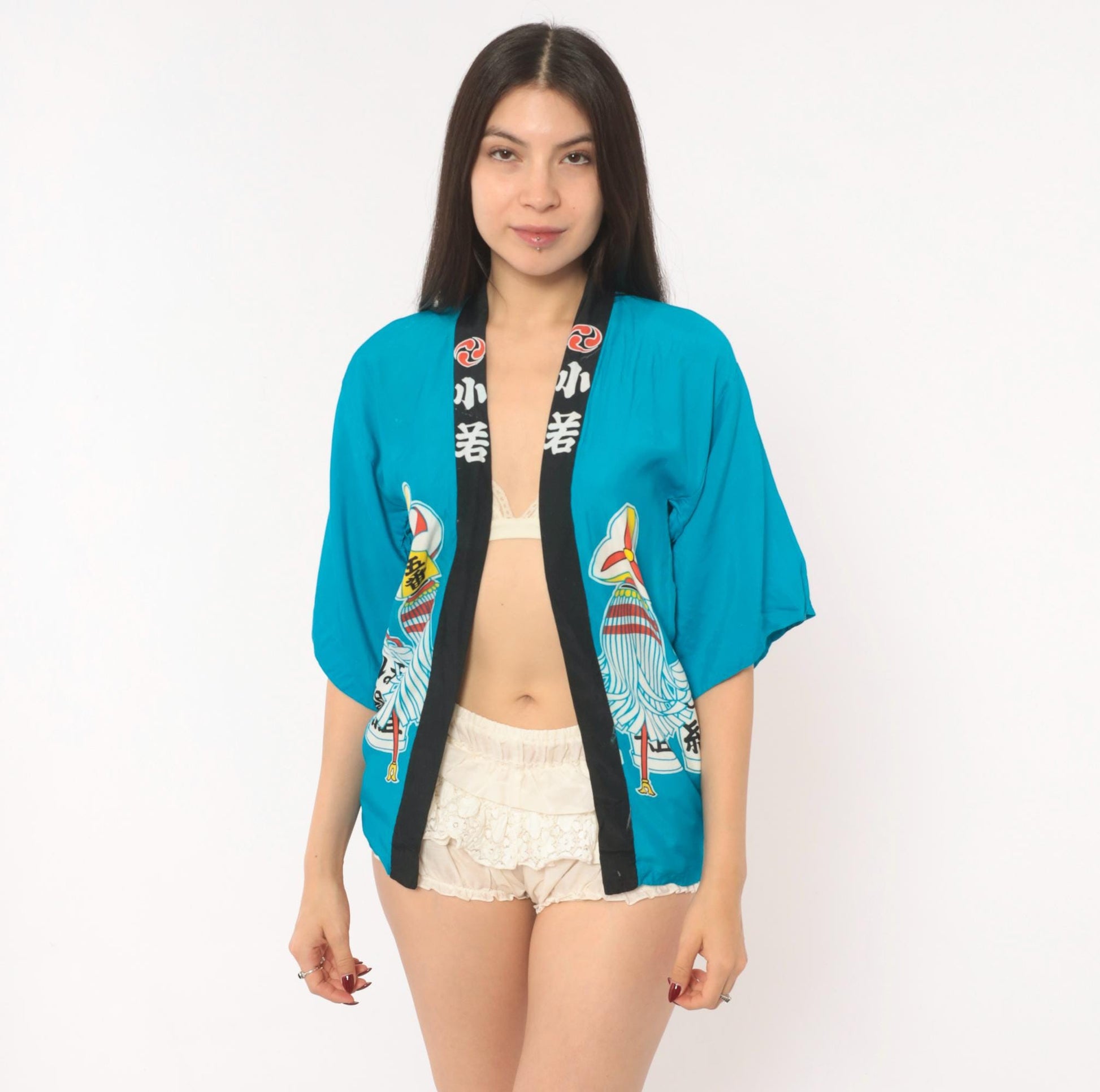 90s Japanese Festival Happi Coat Teal Matsuri Kanji Pinwheel Lantern Open Front Extra Small