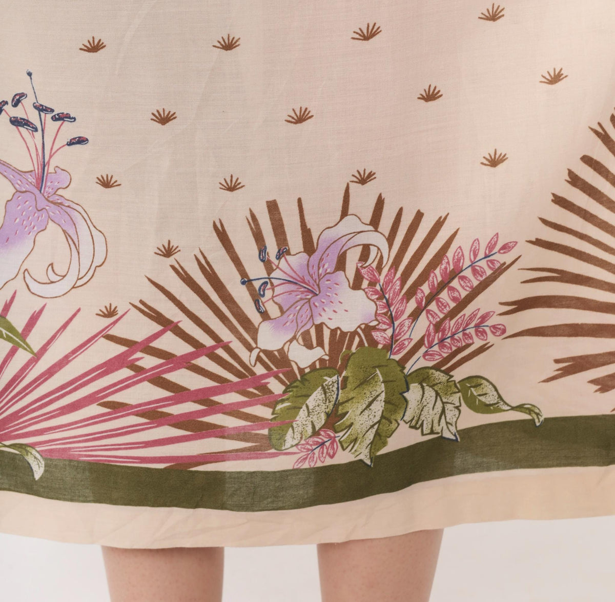 80s Jenny Wren Tropical Border Midi Dress Cotton Button Front Cream Extra Large