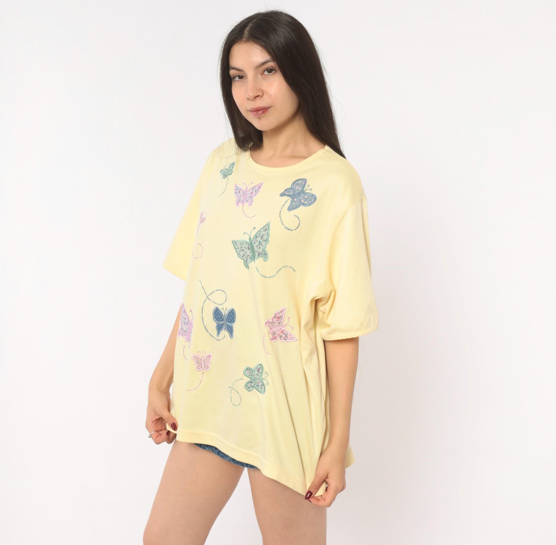 90s Bonworth Butterfly Applique Top Yellow Cotton Crew Neck Extra Large XL