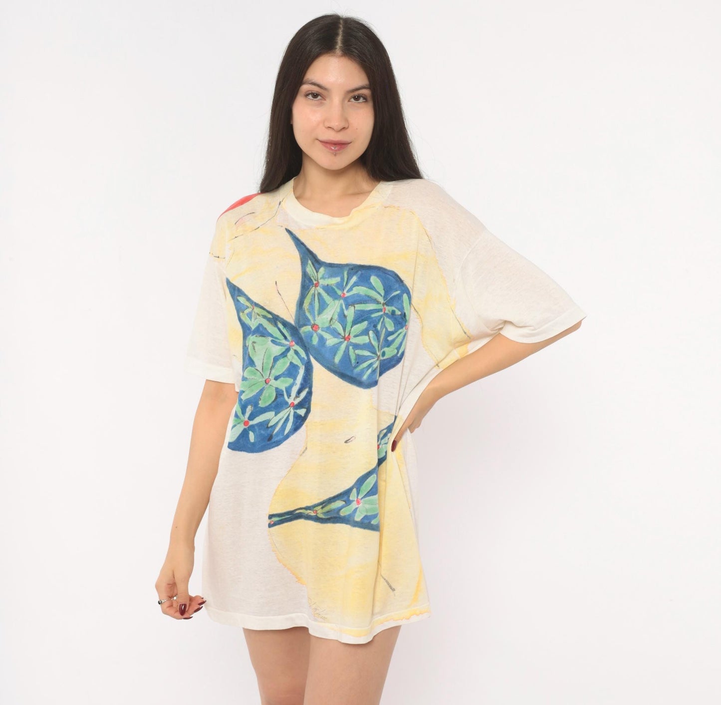 80s Hand-Painted Bikini Woman Tropical Cocktail Graphic Tee Cream Small