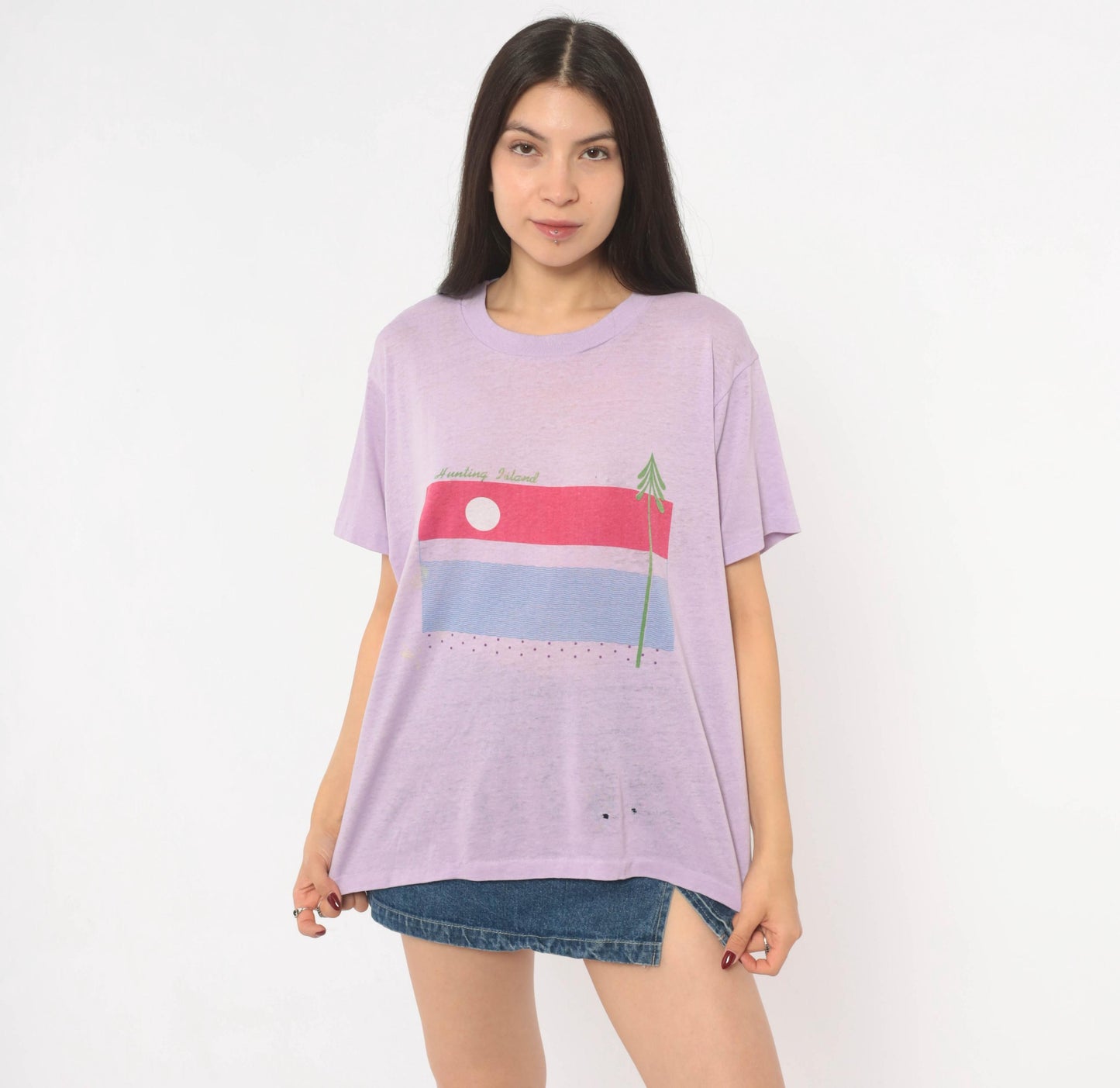 80s Hunting Island Graphic Tee Lilac Purple Sunset Beach Cotton Extra Large XL