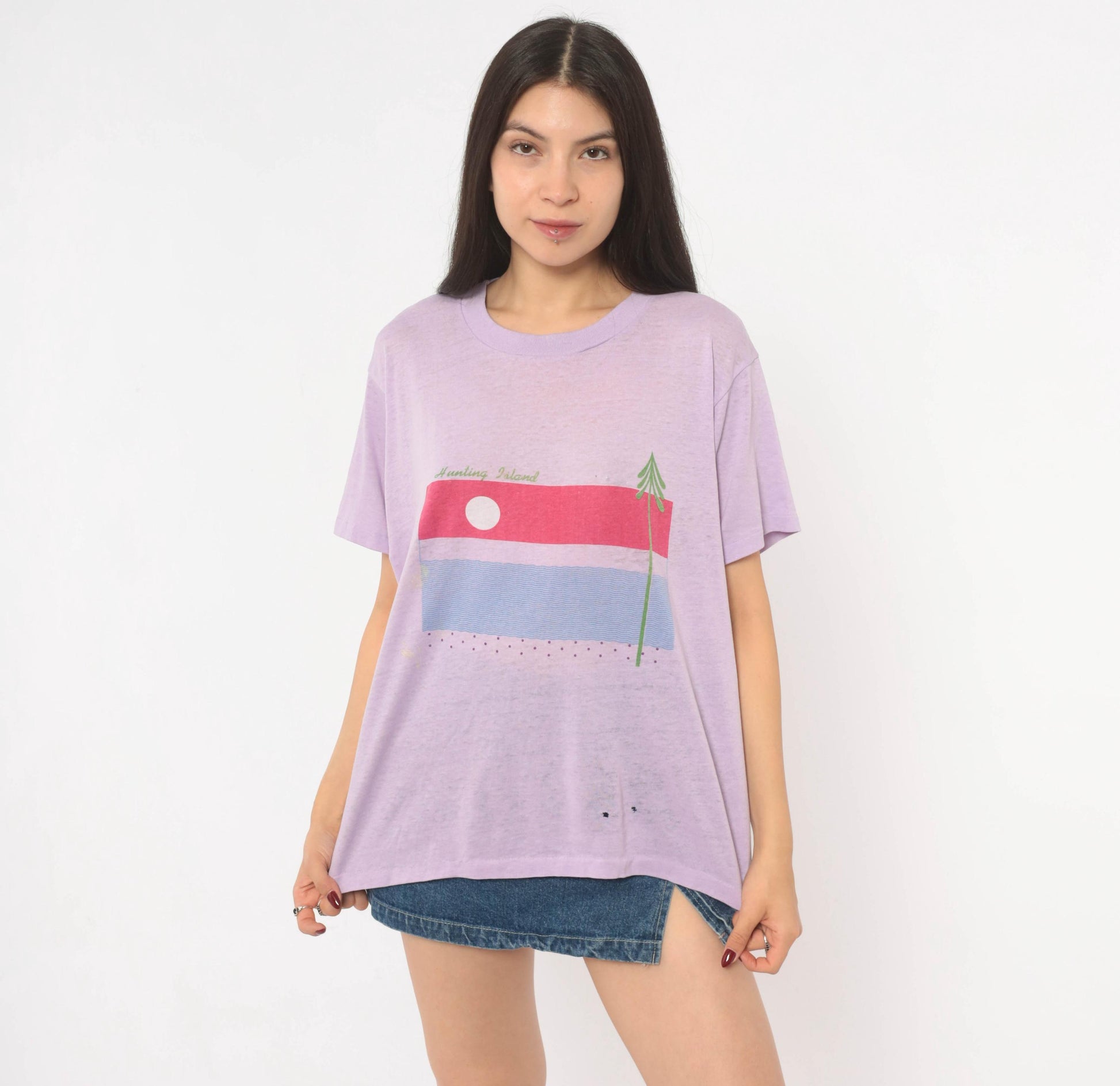 80s Hunting Island Graphic Tee Lilac Purple Sunset Beach Cotton Extra Large XL