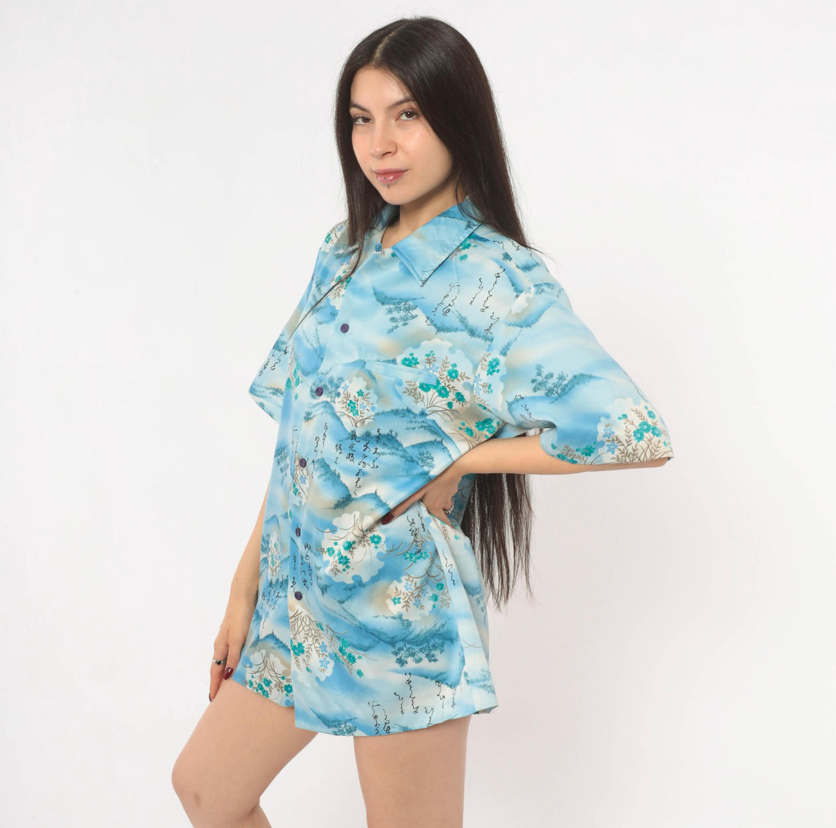 90s Mark Raysten Camp Collar Shirt Japanese Landscape Sky Blue Large L