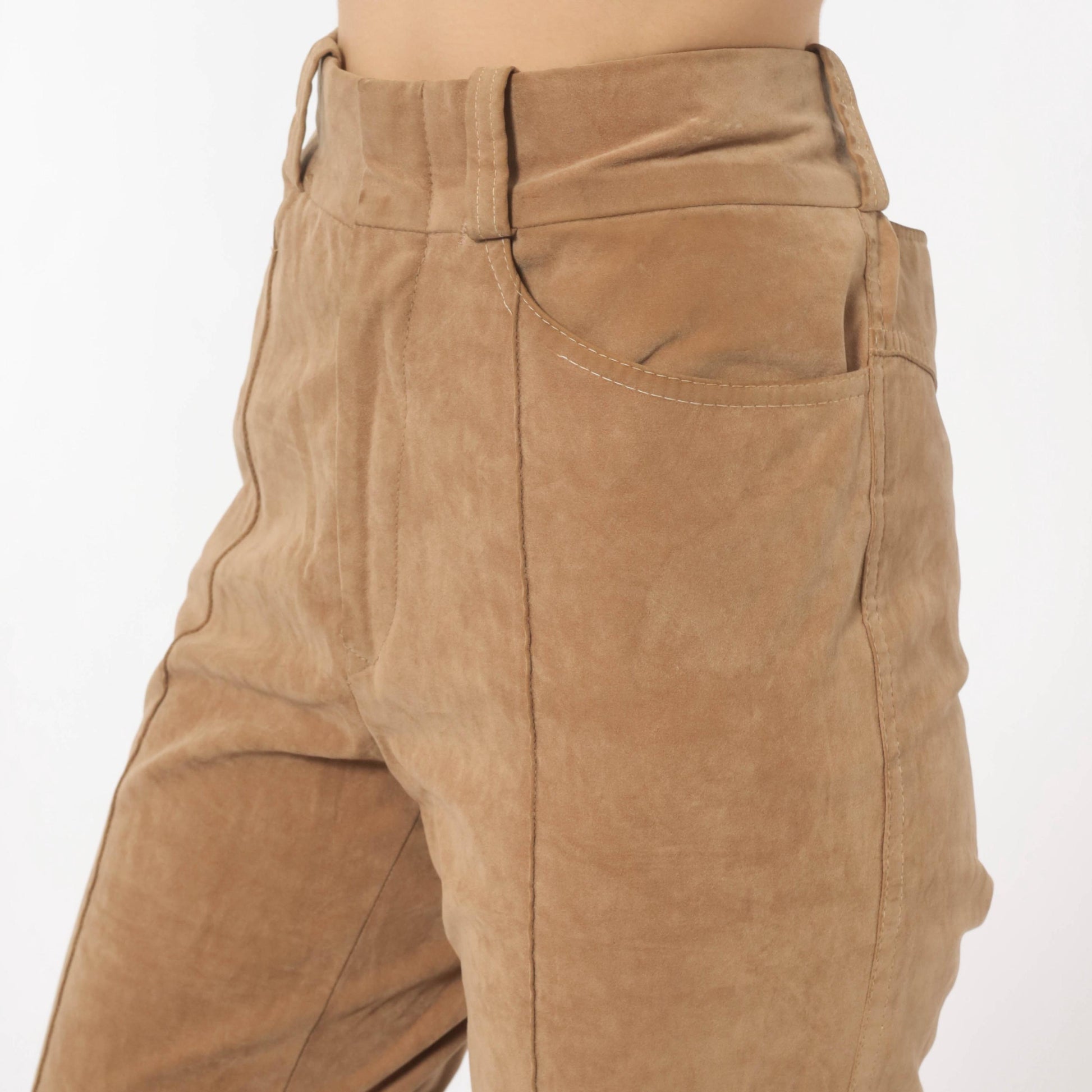 80s Lew Magram Faux Suede Flare Pants Tan High Waist Bell Bottom Small S