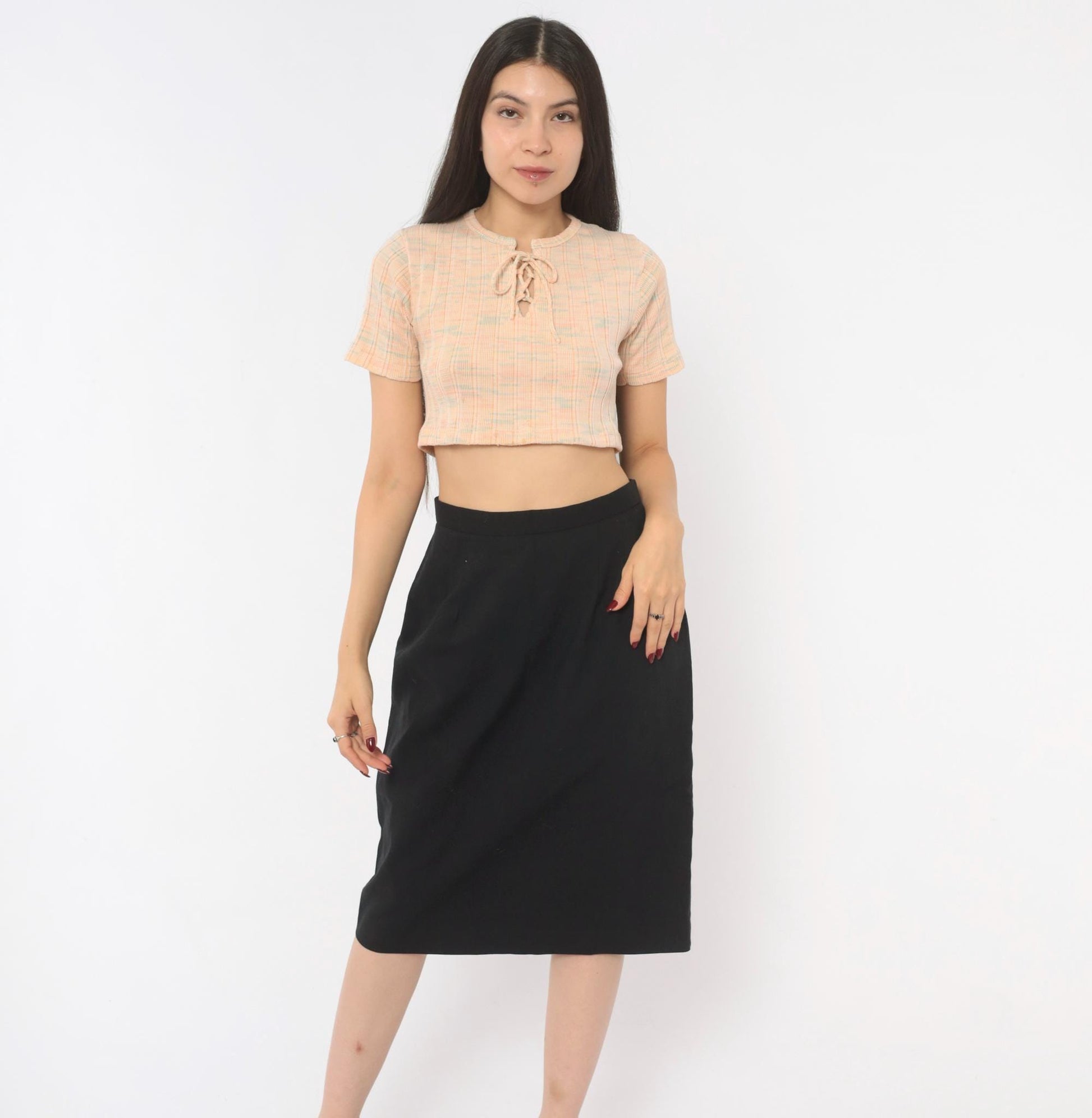 80s Michele Black Pencil Skirt High Waist Knee Length Small S