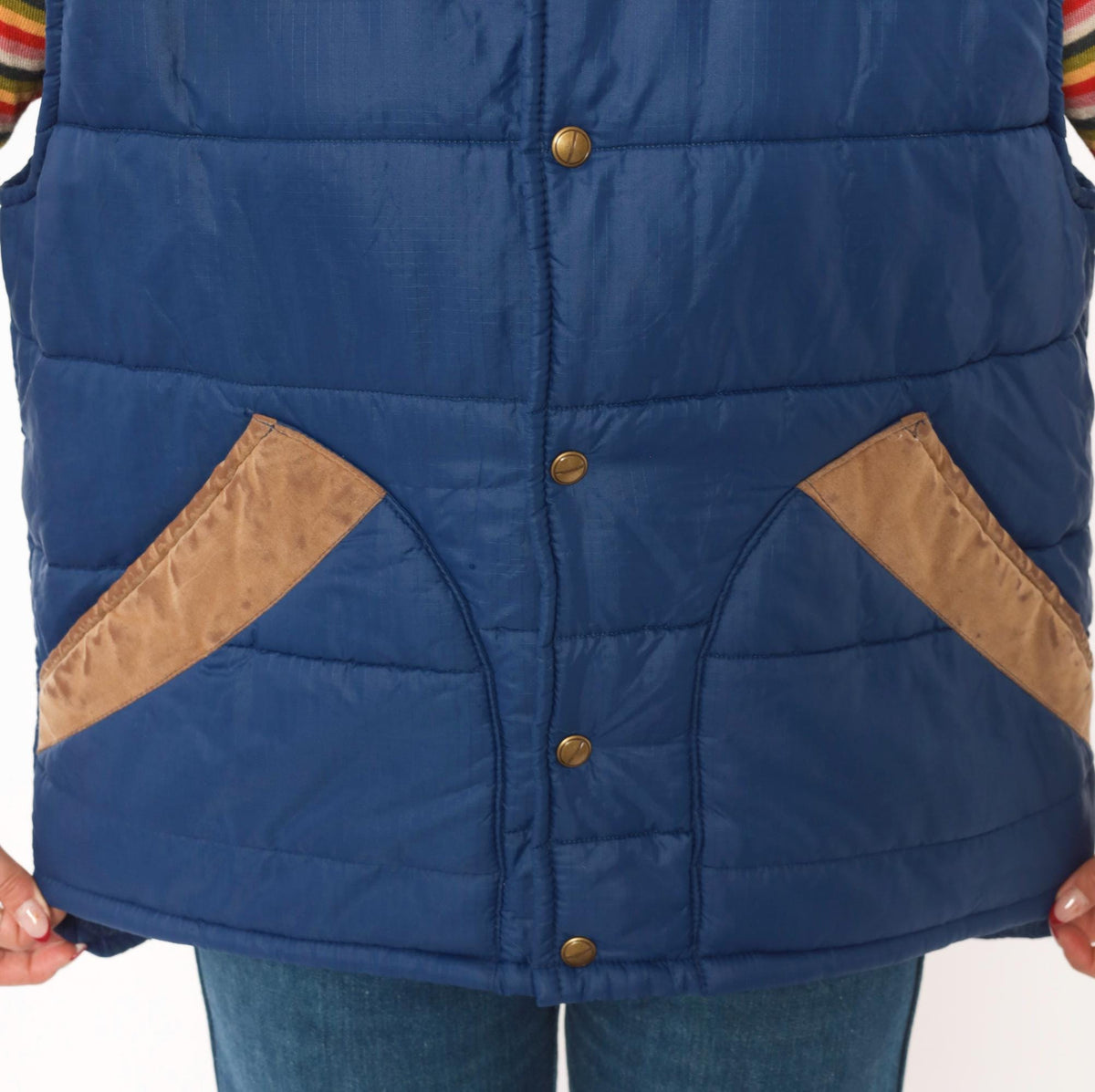 80s Navy Puffer Vest Quilted Suede Trim Snap Front Stand Collar Medium M