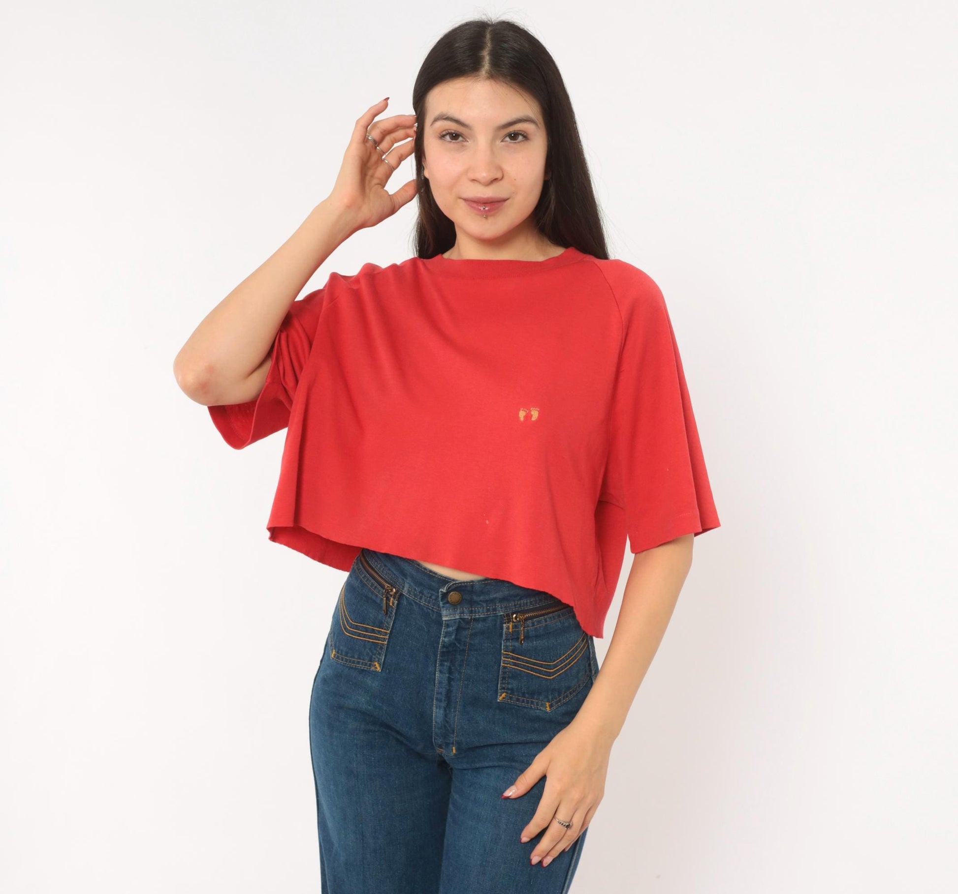 80s Hang Ten Red Cropped Raglan Tee Embroidered Logo Cotton Large L