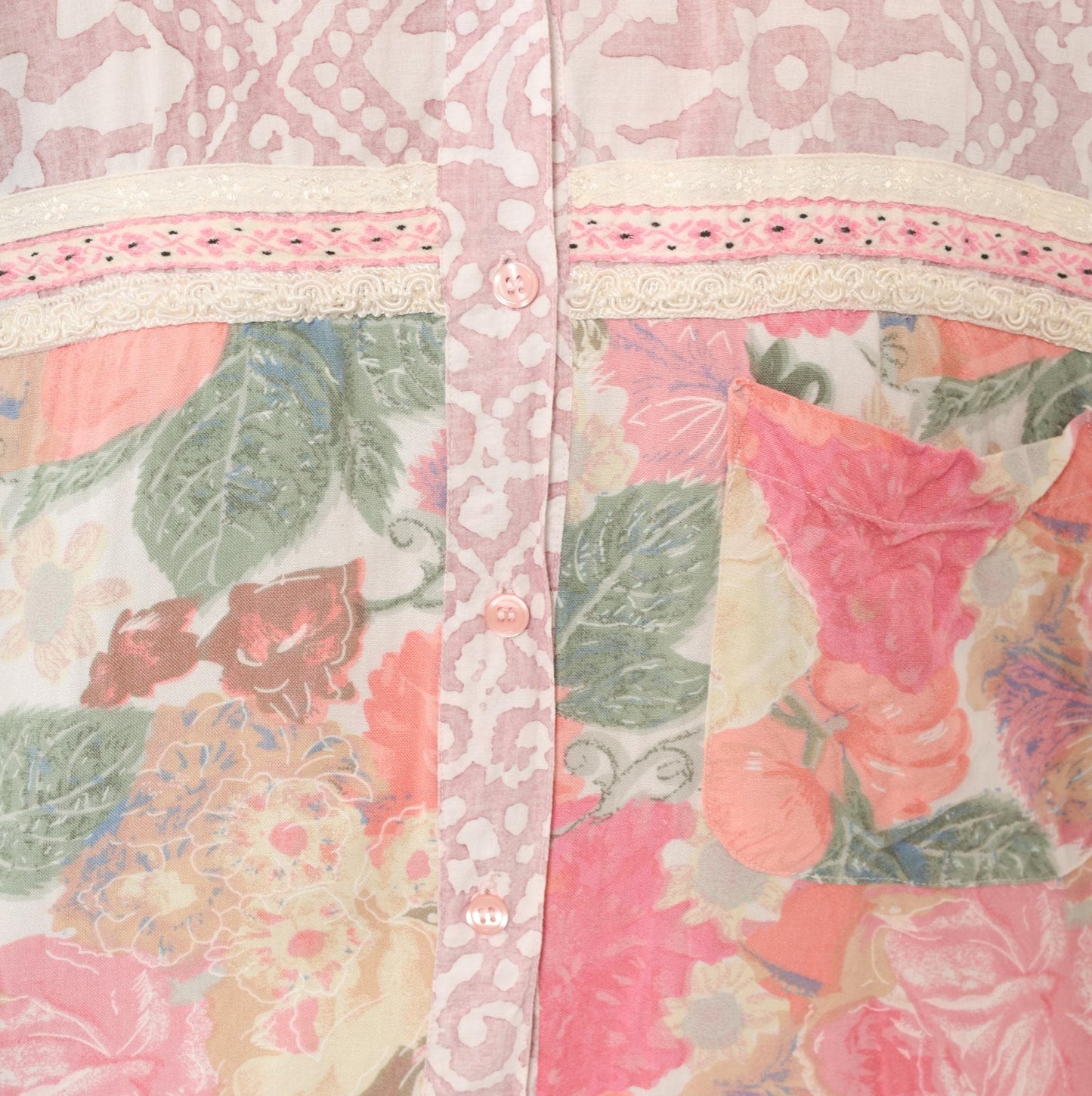 90s Hg Ny Floral Button Up Blouse Pink Cream Lace Trim Large L