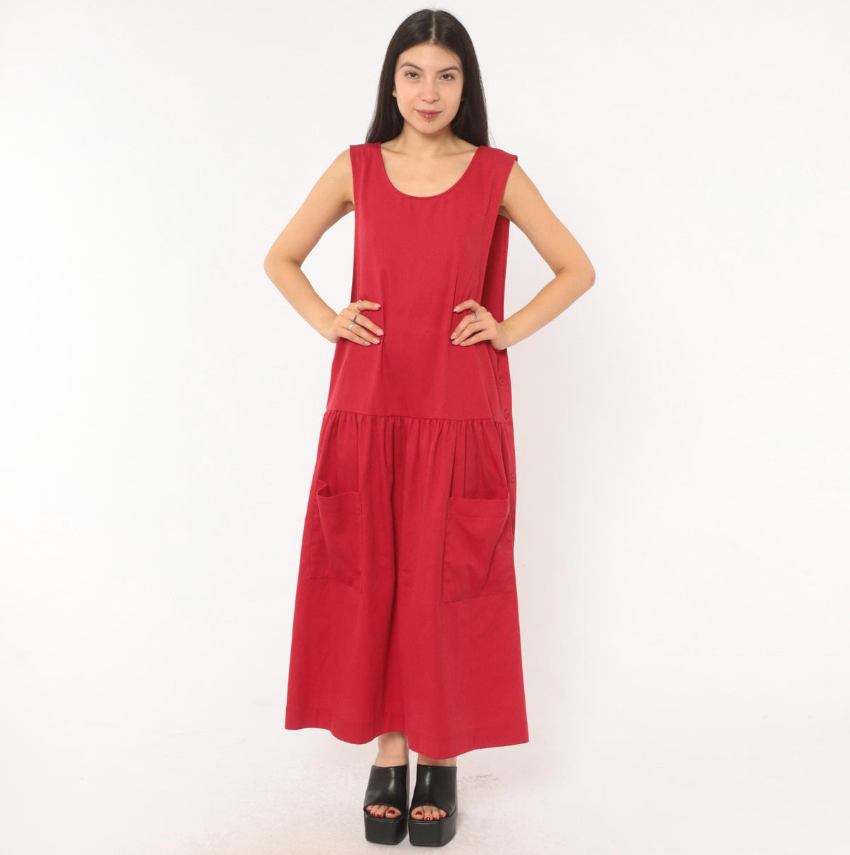 90s Carmel Crimson Red Maxi Dress Drop Waist Sleeveless Scoop Neck Large L