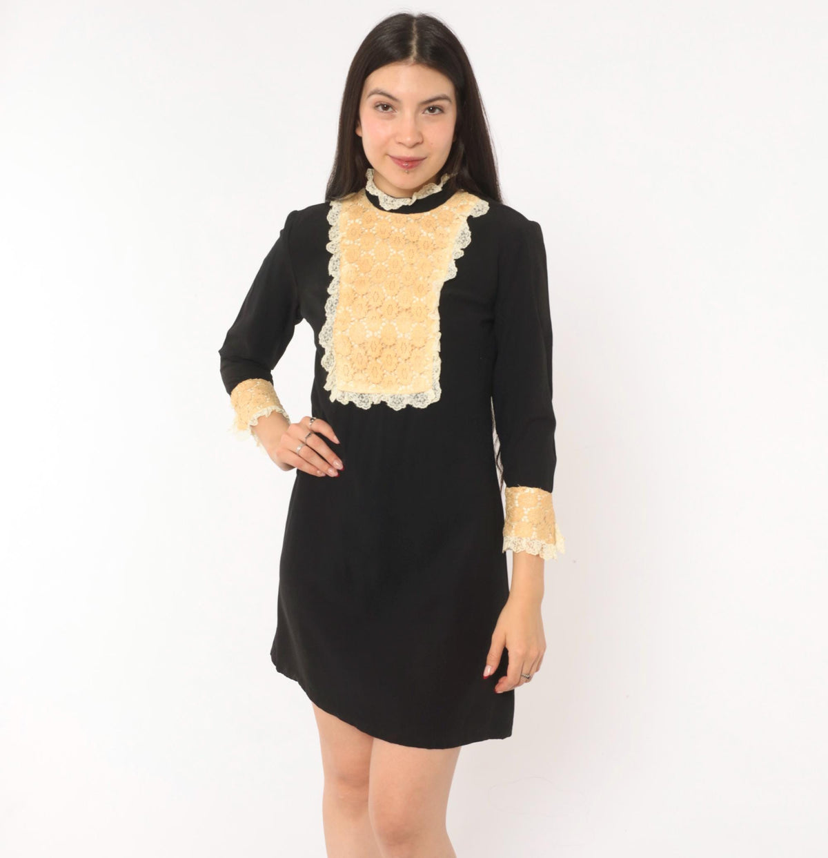 60s Black Mini Shift Dress Cream Lace Bib Mock Neck Ruffle Cuff Extra Small