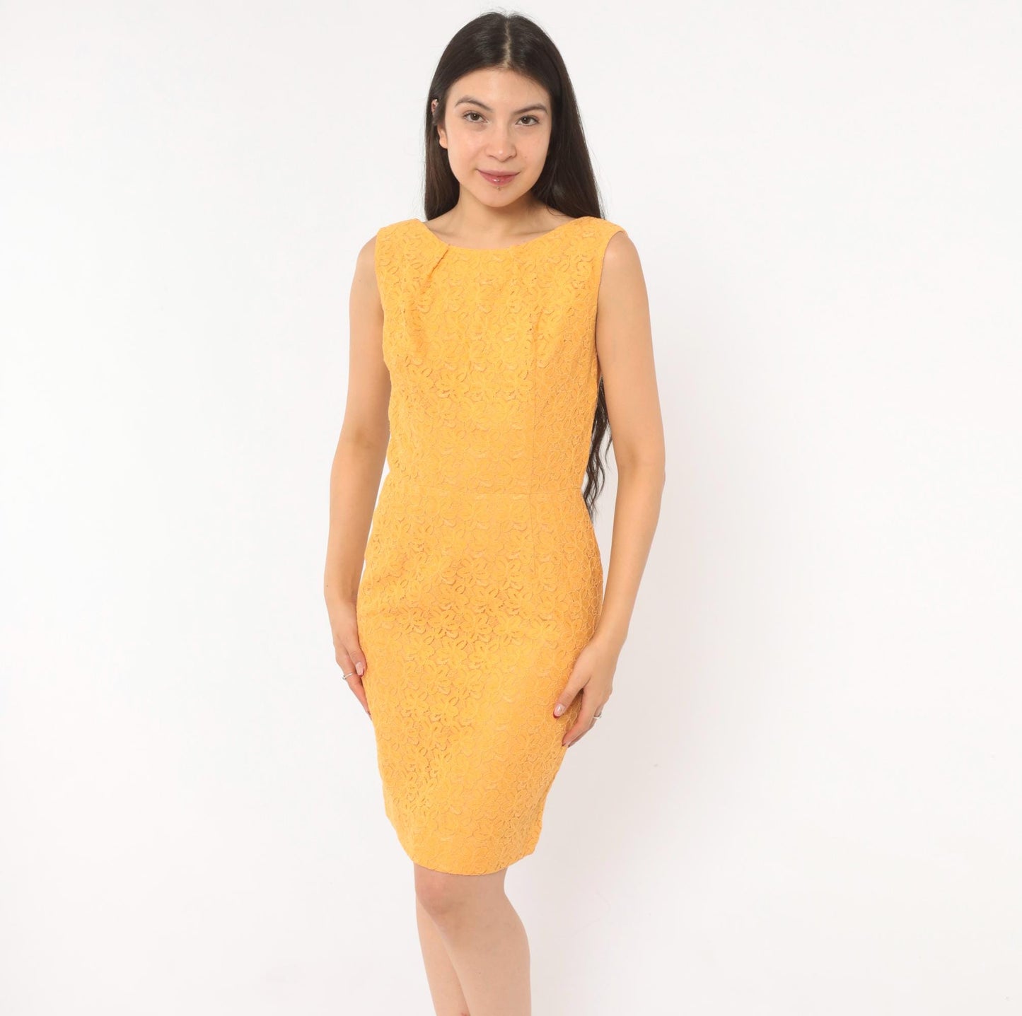 60s Golden Orange Lace Sheath Dress Boat Neck Sleeveless Knee Length Small