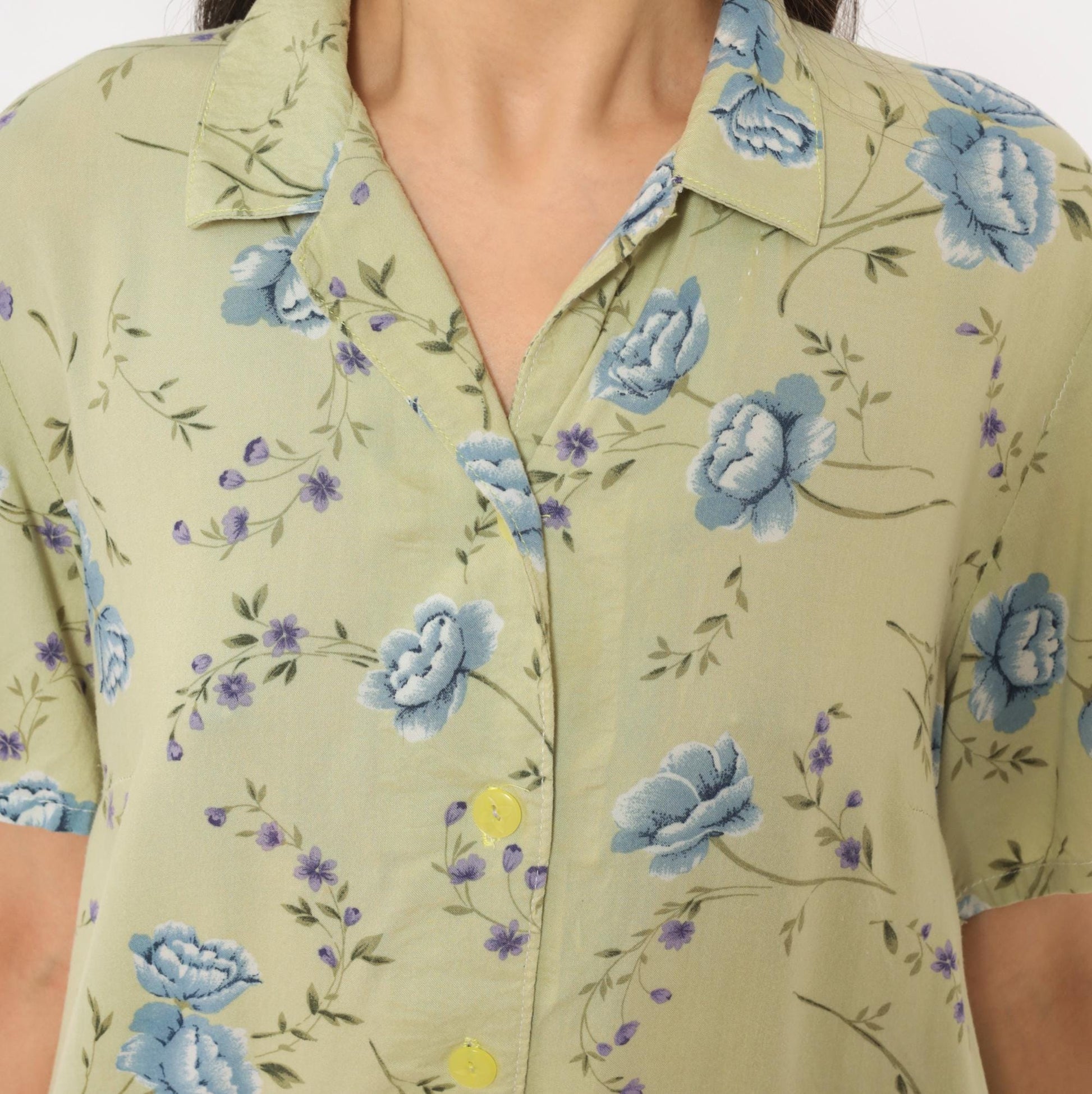 90s Sage Green Floral Shirt Dress Blue Rose Print Midi Medium M