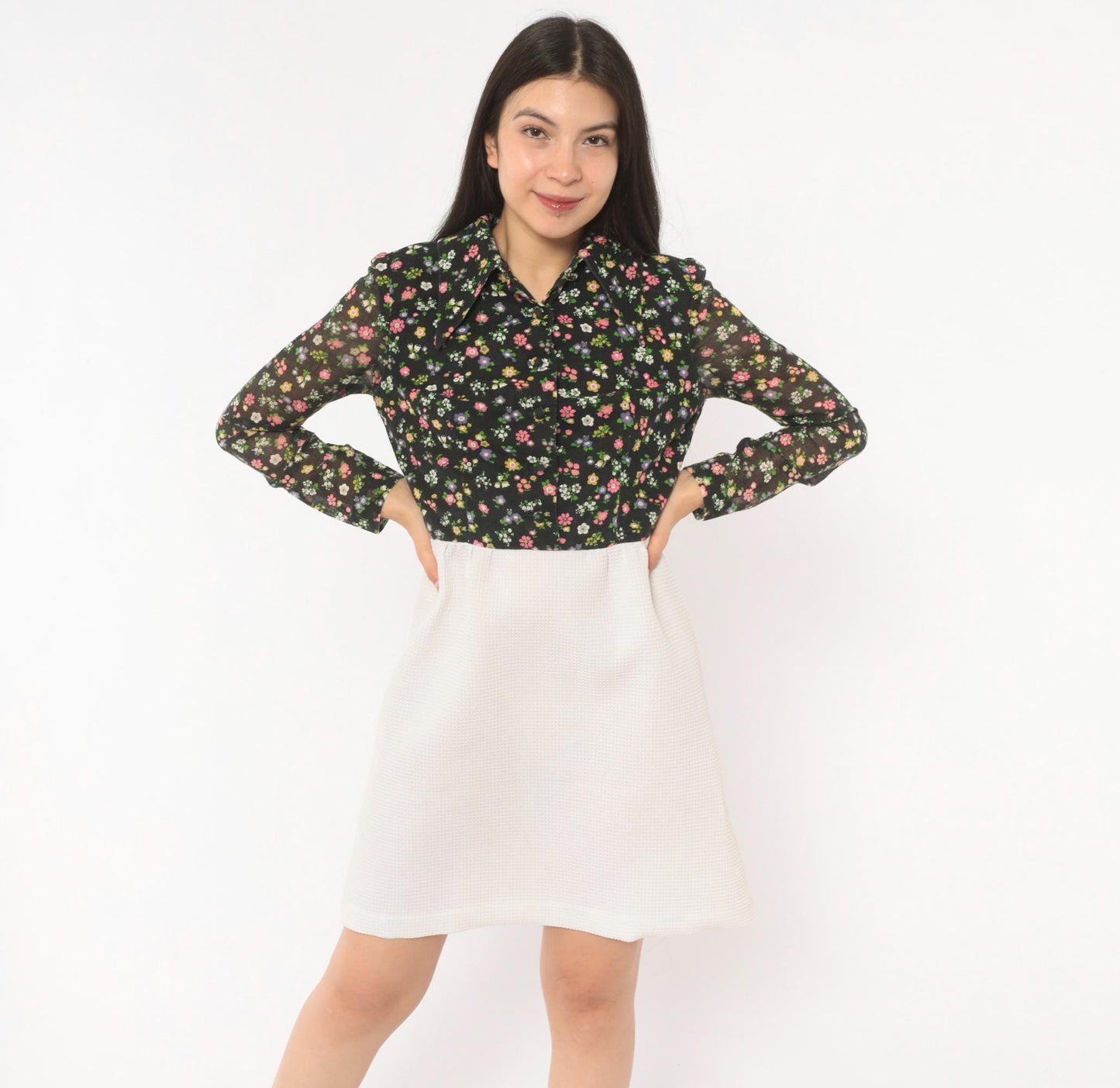 70s Black Floral Two-Tone Shirt Dress White A-Line Knee-Length Small S