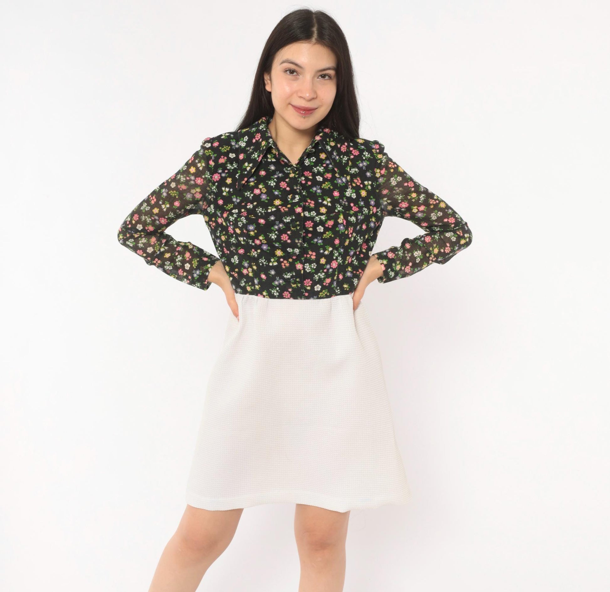 70s Black Floral Two-Tone Shirt Dress White A-Line Knee-Length Small S