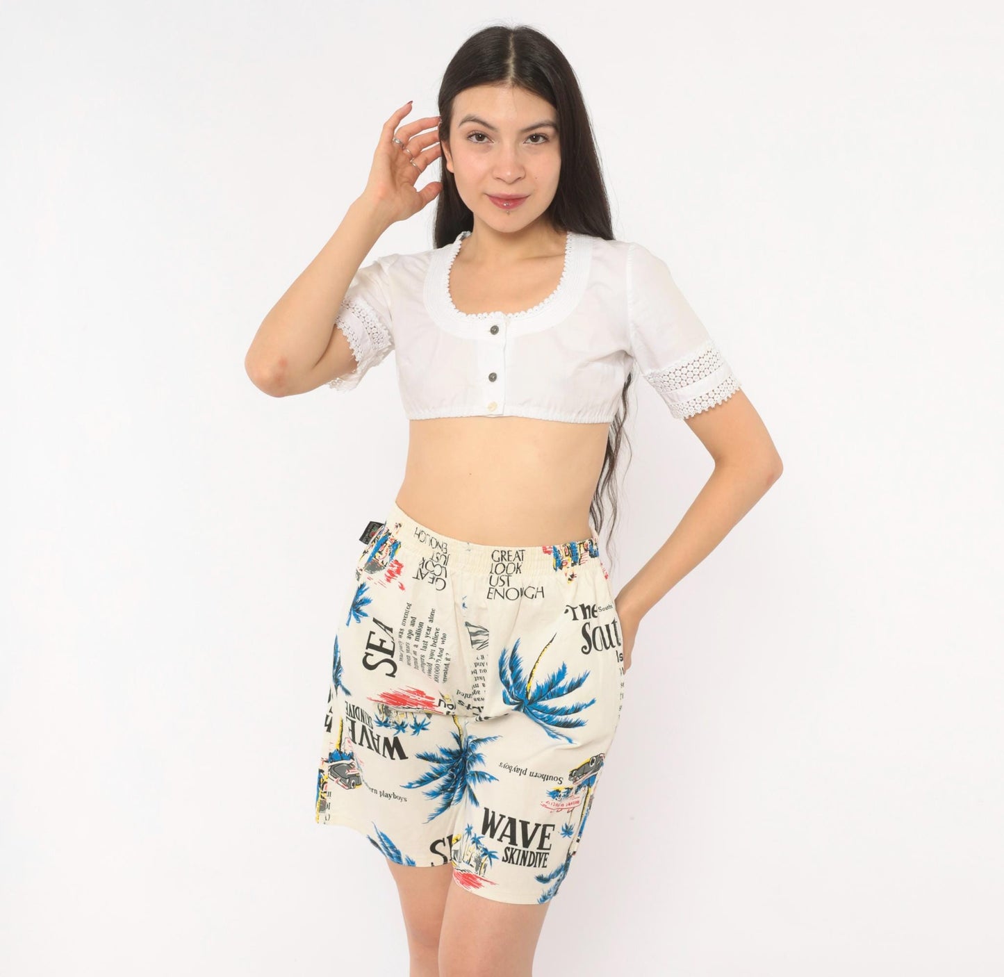 80s Altess Tropical Print Shorts Palm Tree Graphic Cream Blue Medium