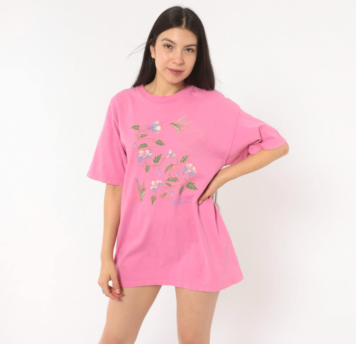 2000s Sportex Hummingbird Floral Graphic Tee Pink Cotton Ruidoso New Mexico Large L