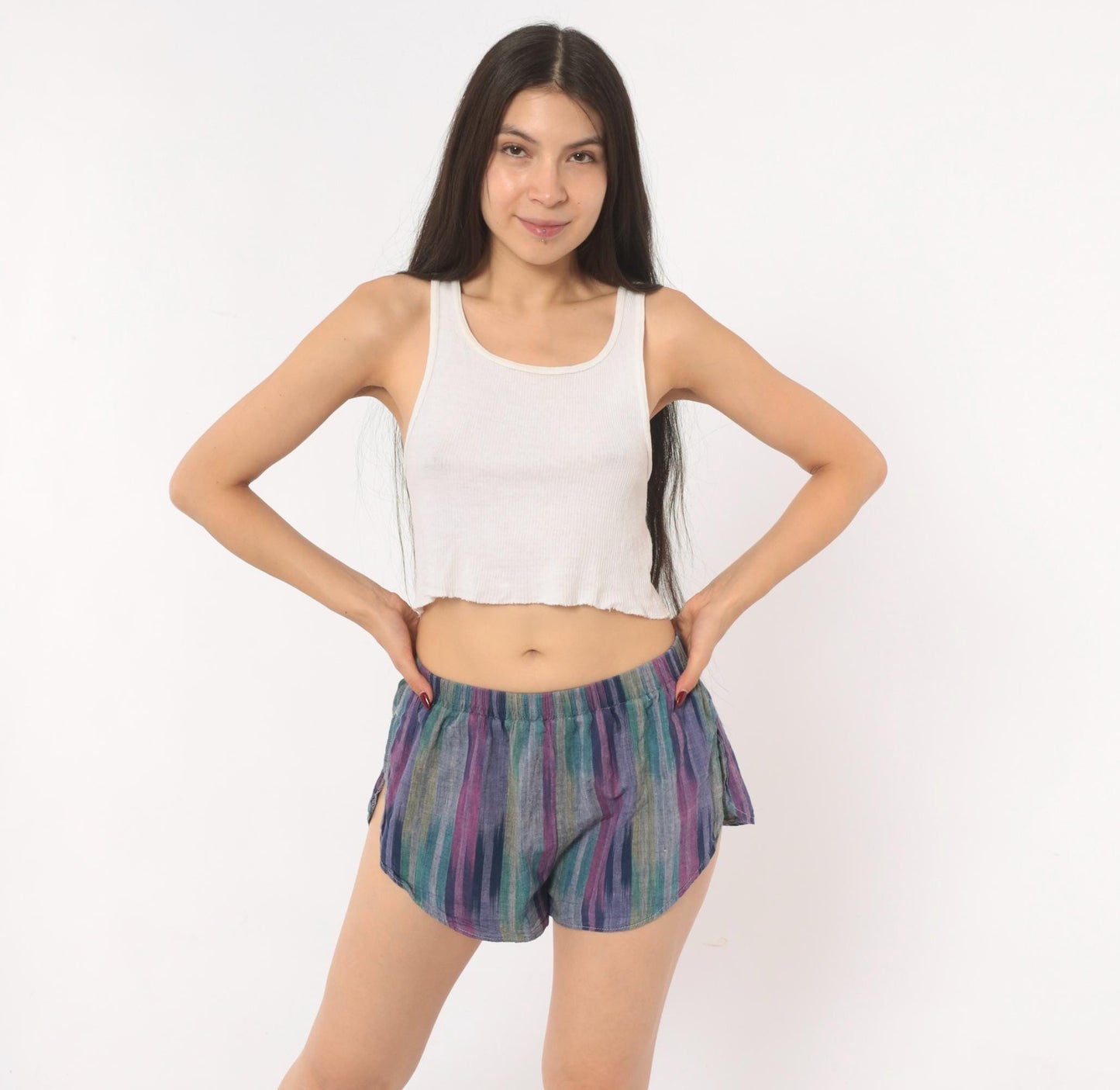 80s Pounders Striped Runner Shorts Purple Teal Navy Cotton Dolphin Hem Small S