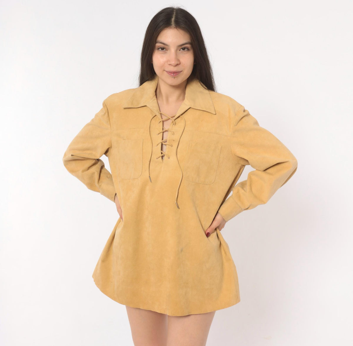70s Tan Faux Suede Lace-Up Tunic Shirt Pointed Collar Long Sleeve Large L