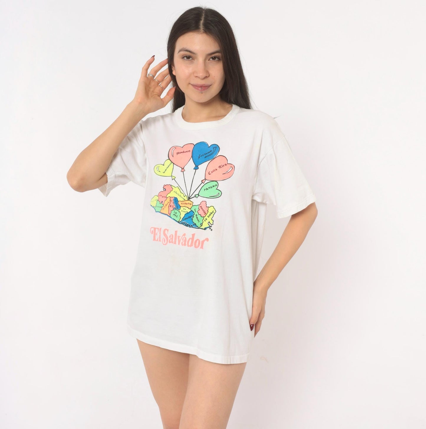 2000s El Salvador Map Heart Balloon Graphic White Cotton Tee Large L
