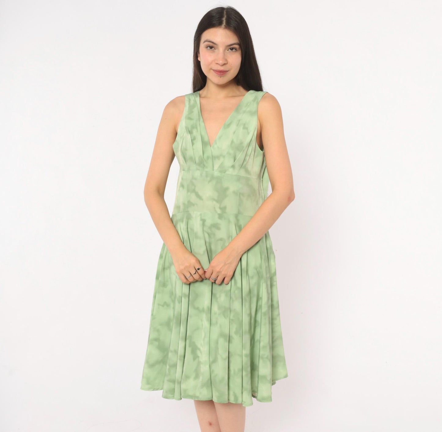 80s Sage Mint Tie Dye Sleeveless V-Neck Dress Pleated Knee Length Large