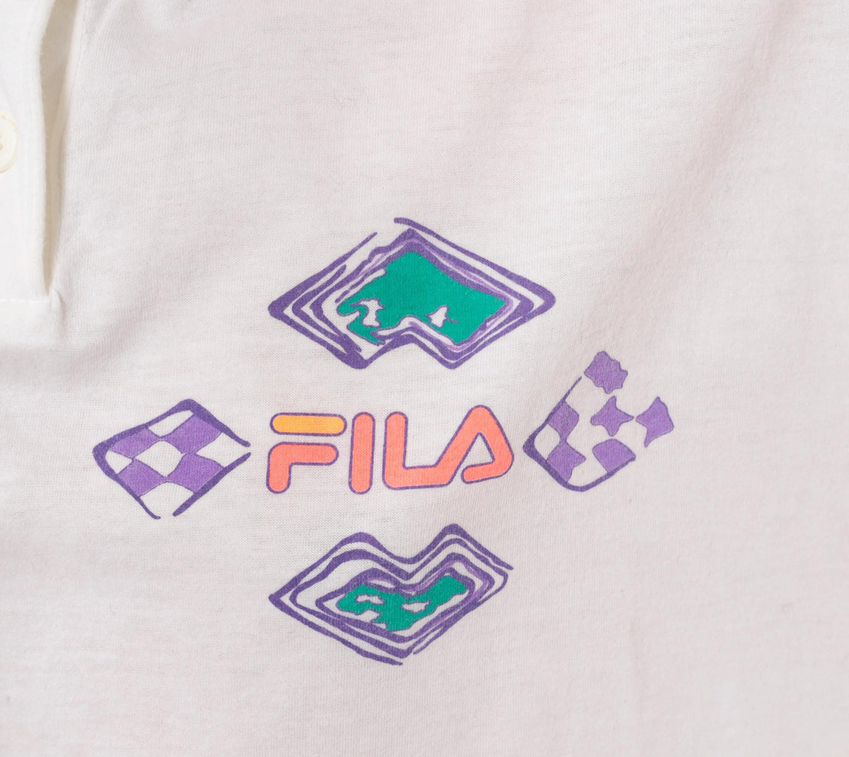 80s Fila Geometric Polo White Cotton Diamond Pattern Large