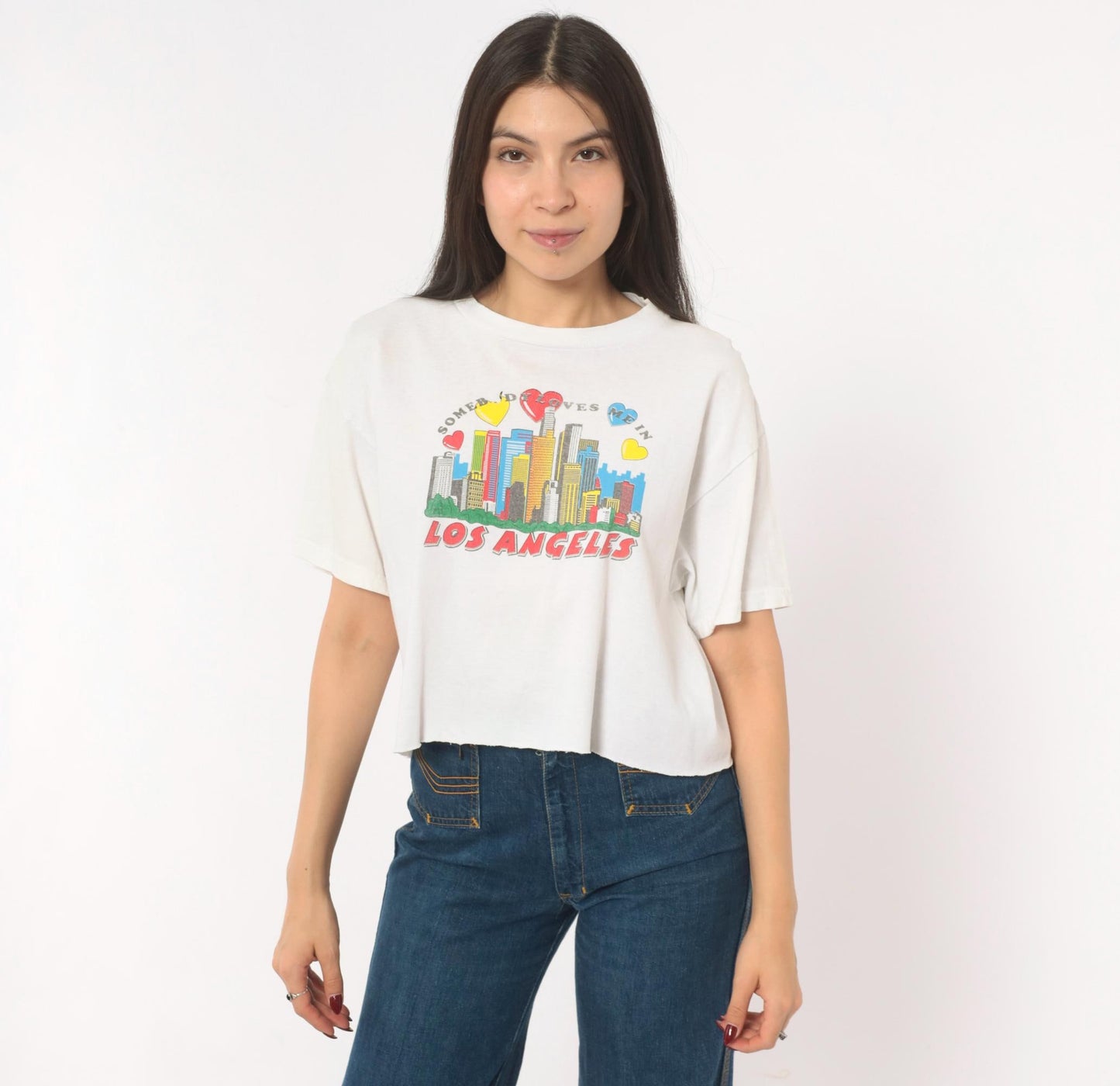 2000s Delta Crop Tee Los Angeles Skyline Hearts White Small