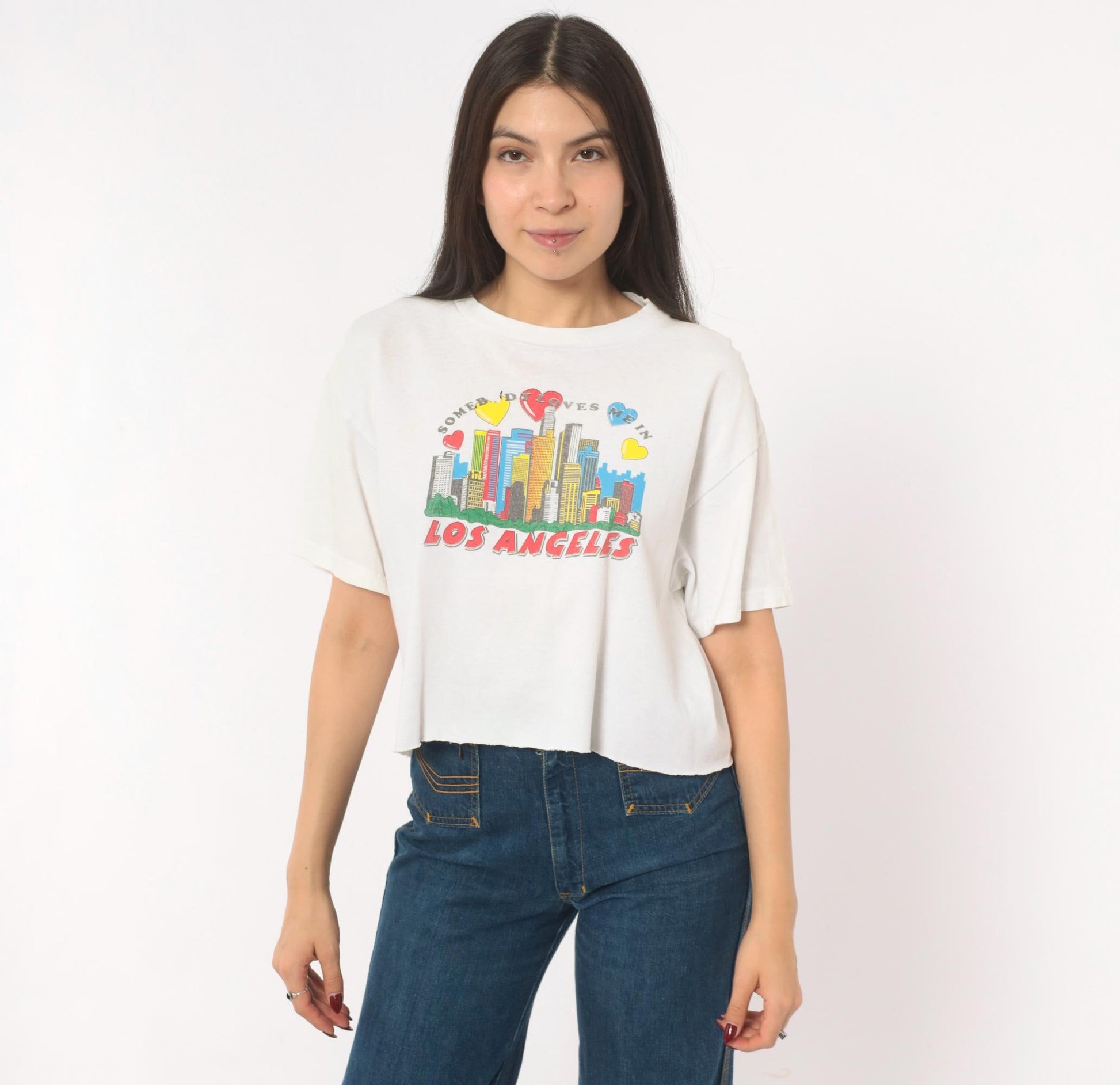 2000s Delta Crop Tee Los Angeles Skyline Hearts White Small