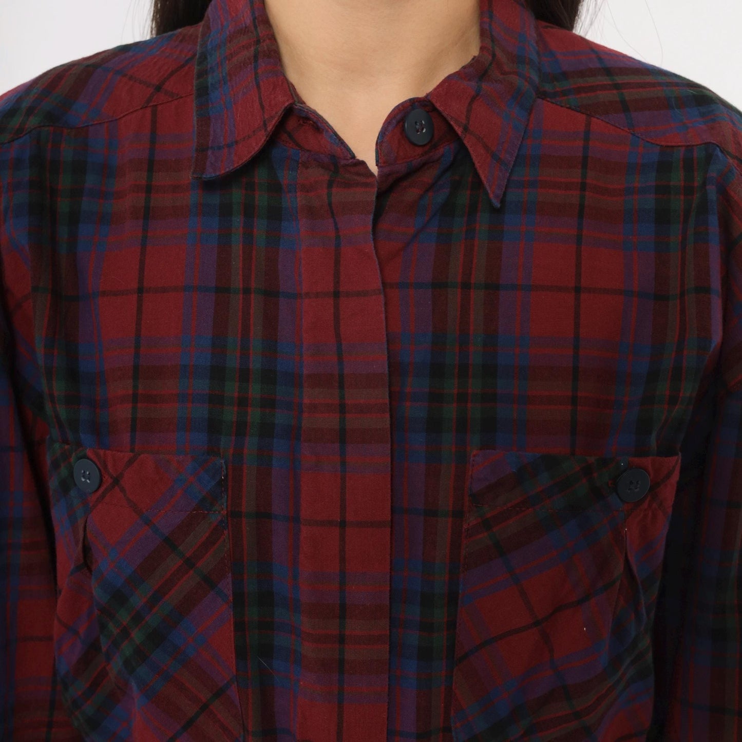 80s Dépèche Mode Plaid Maxi Dress Burgundy Navy Cotton Shirt Collar Medium