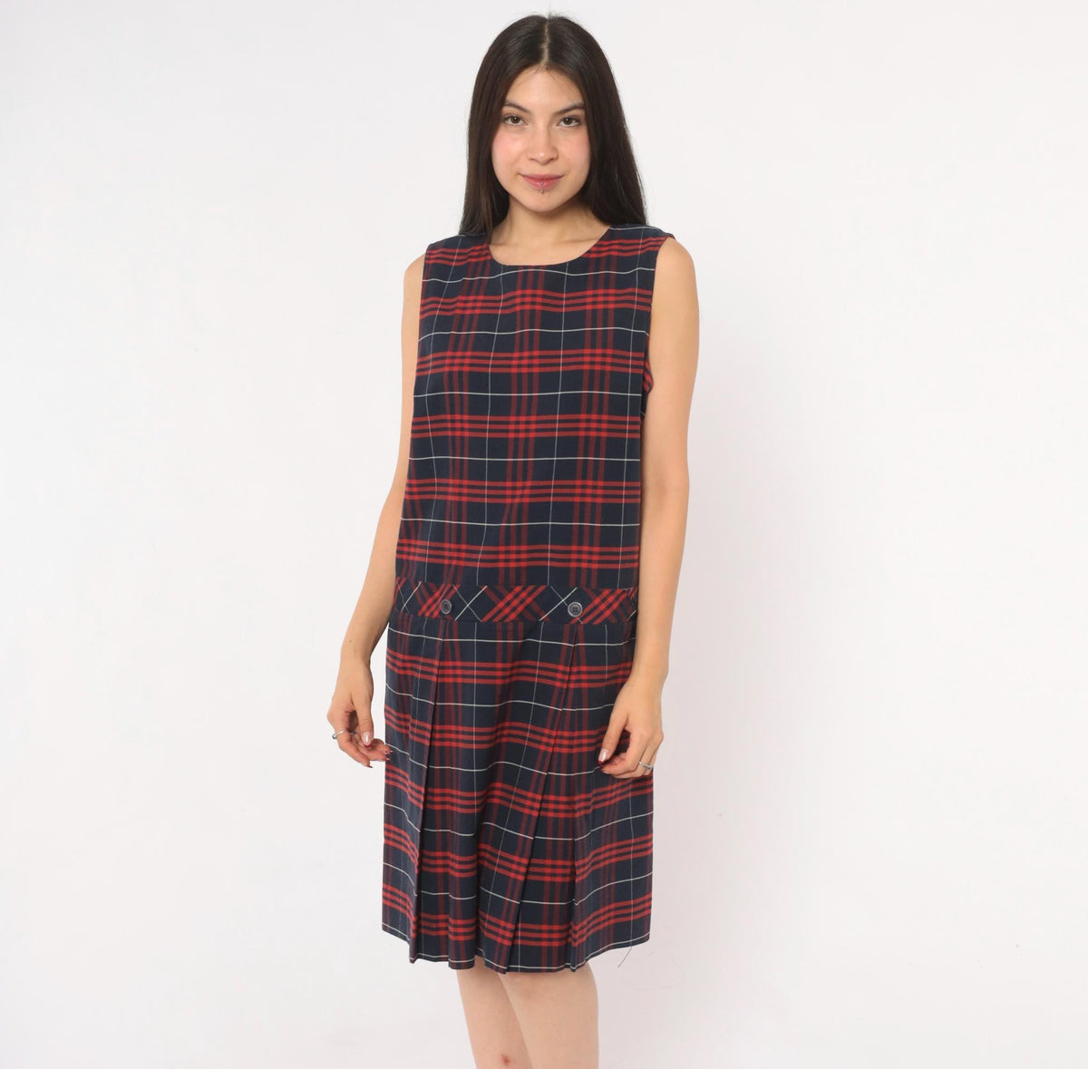 80s Fontaine Apparel Navy Red Tartan Plaid Drop Waist Dress Cotton Medium M