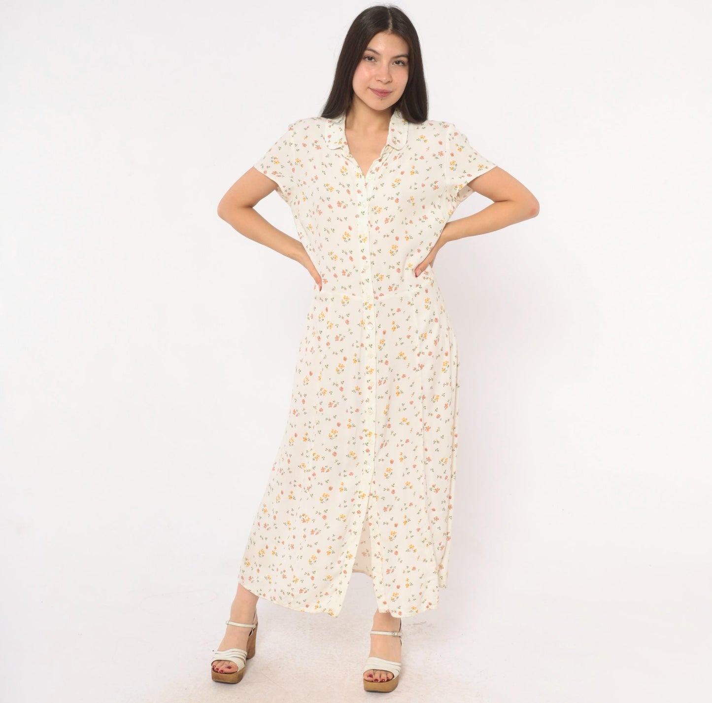 Reformation Ditsy Floral Maxi Dress Cream Pink Button Front Collared Large