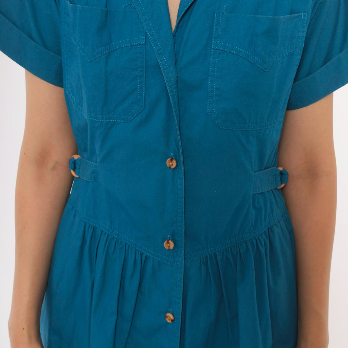 80s Sasson Teal Cotton Midi Shirtdress Gathered Waist Belt Extra Small XS