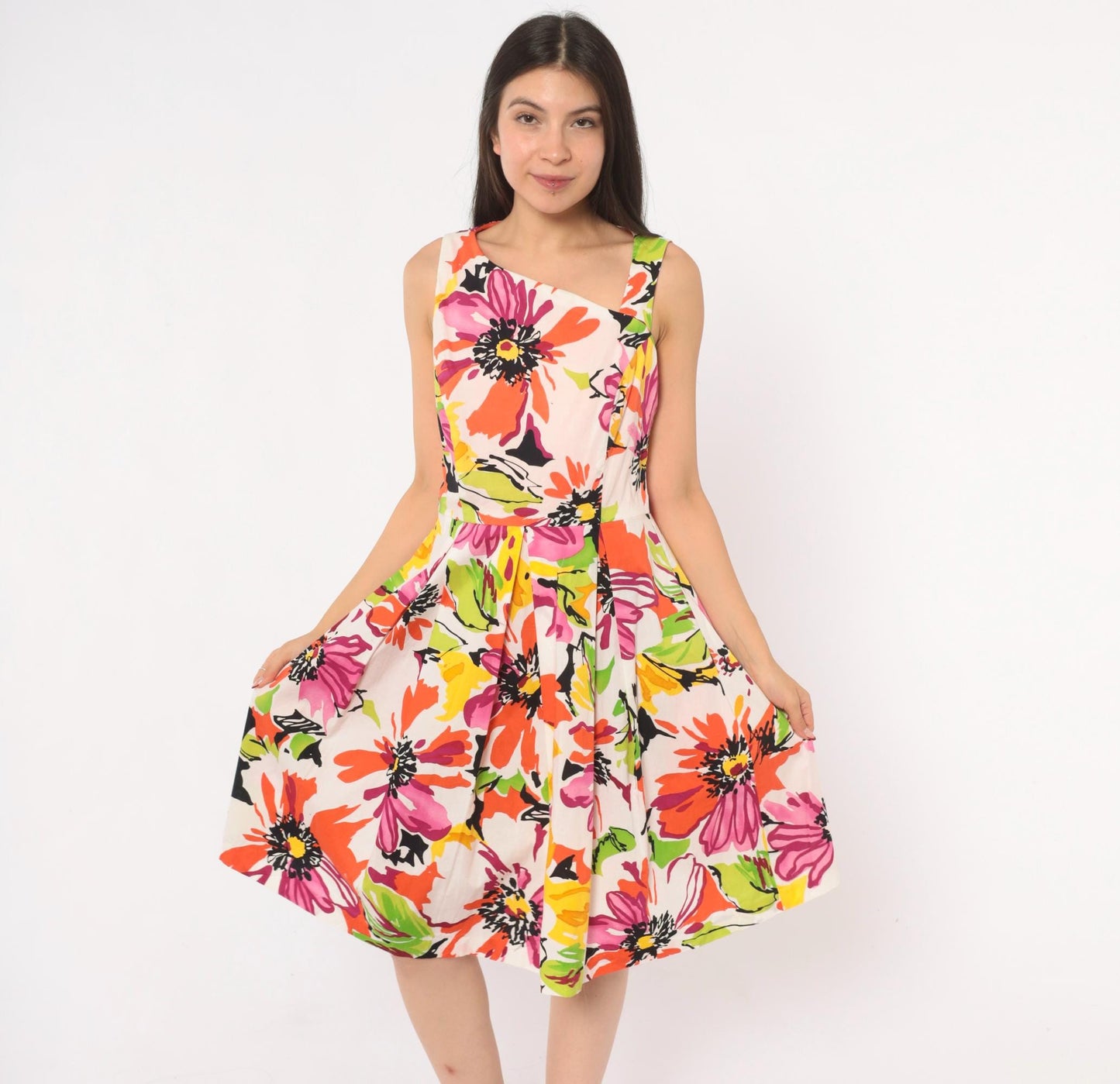2000s R & K Originals Floral Sundress Asymmetric Neckline Pleated Knee-Length Medium M