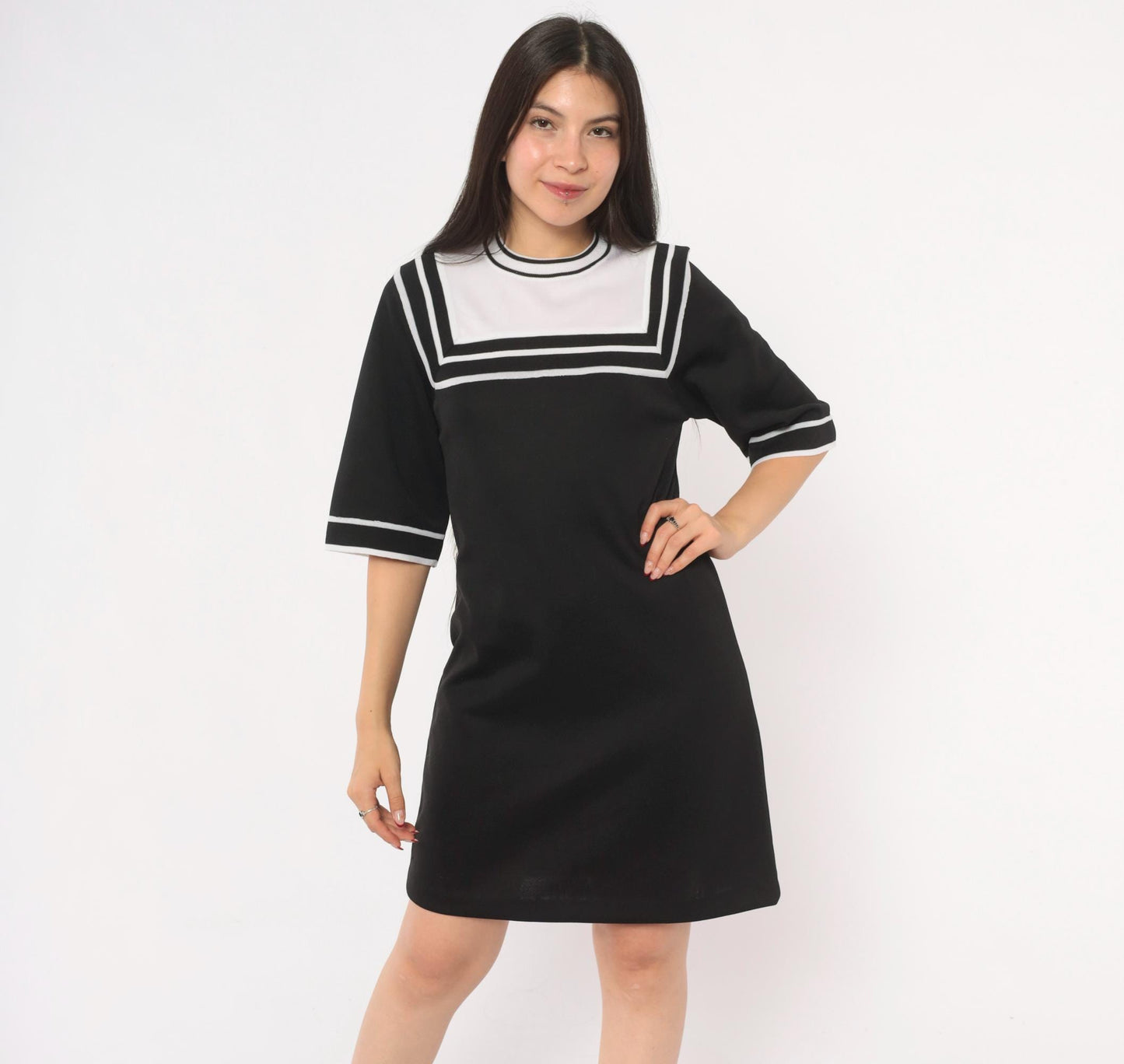 70s Roncelli Sailor Collar Knit Shift Dress Black White Mini Small