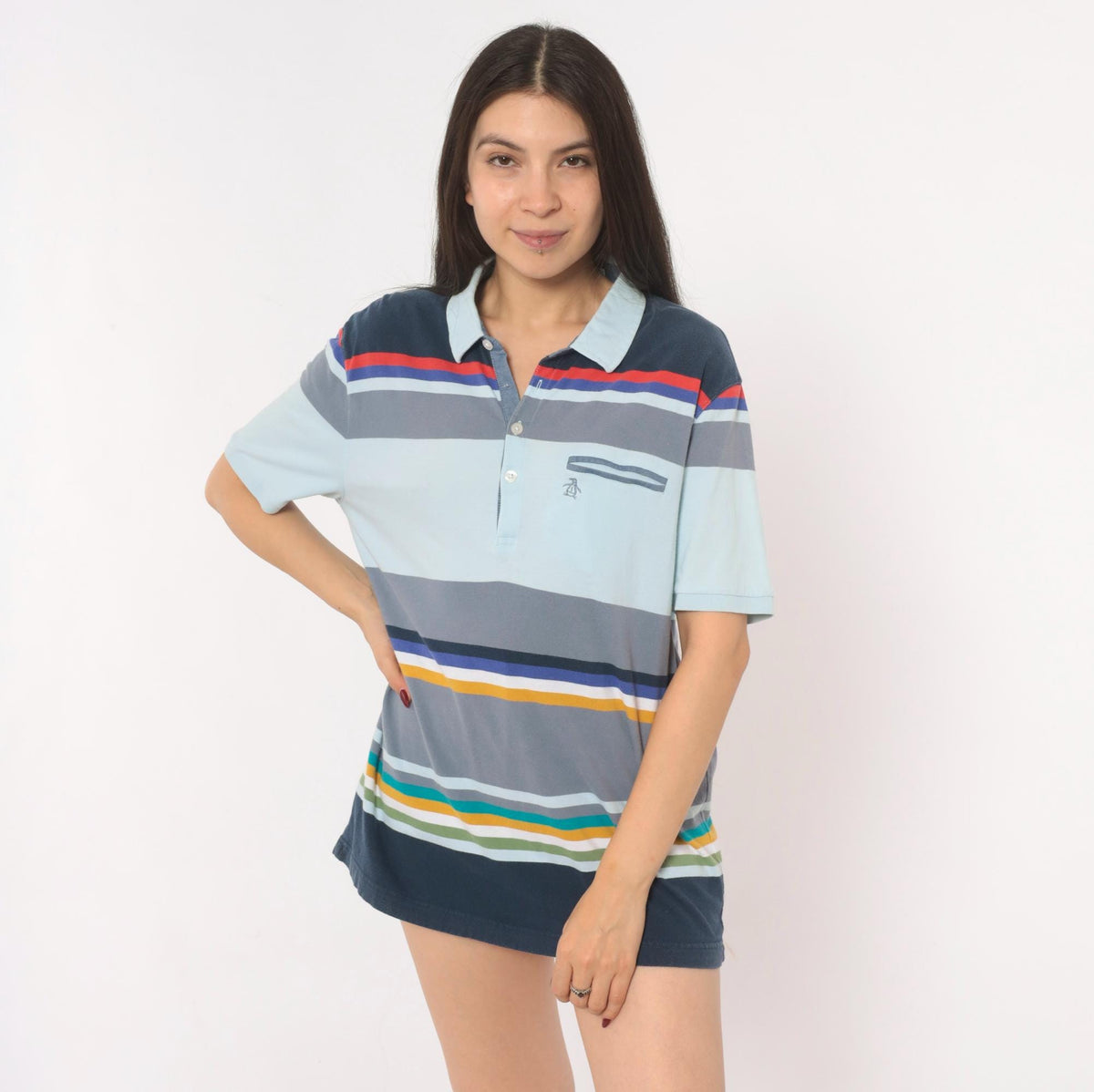Y2K Penguin Striped Polo Cotton Collared Shirt Multicolor Large L