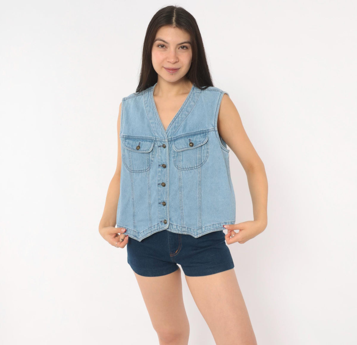 90s Light Blue Denim Vest Cotton Button Front Cropped Medium M