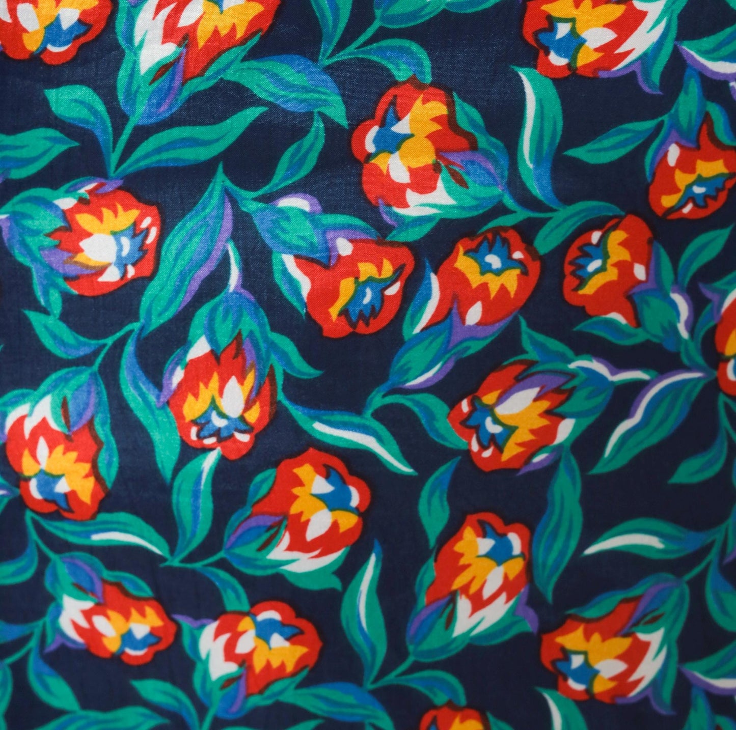80s Josephine Floral Print Shirt Navy Tulip Blouse Collared Large L