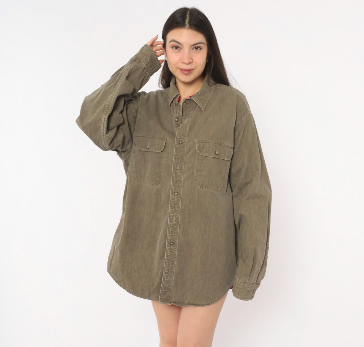 90s L.L.Bean Flannel Lined Work Shirt Olive Denim Cotton Button Front Extra Large XL