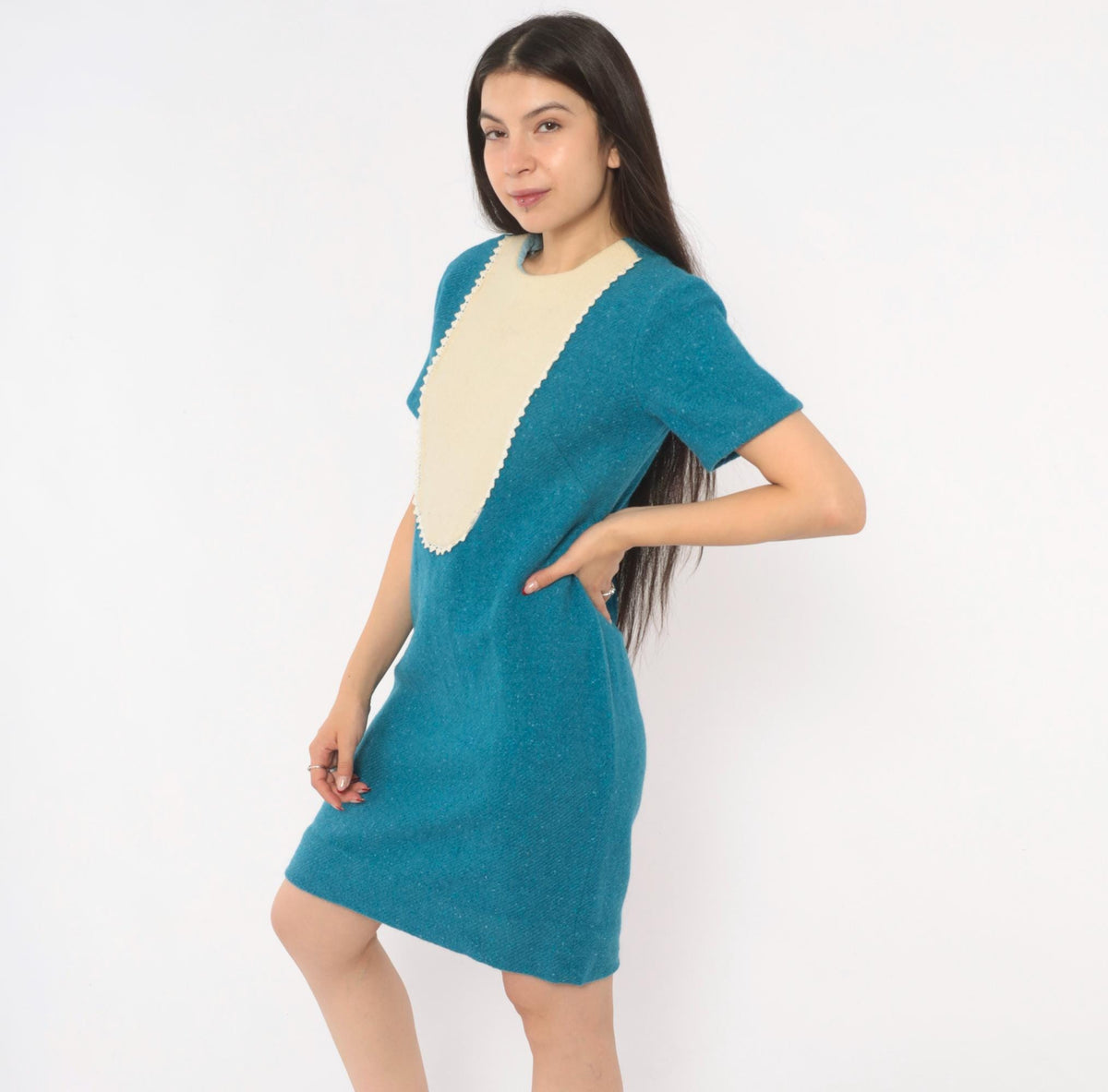 1960s Teal Wool Shift Dress Cream Bib Panel Lace Trim Knee Length Small