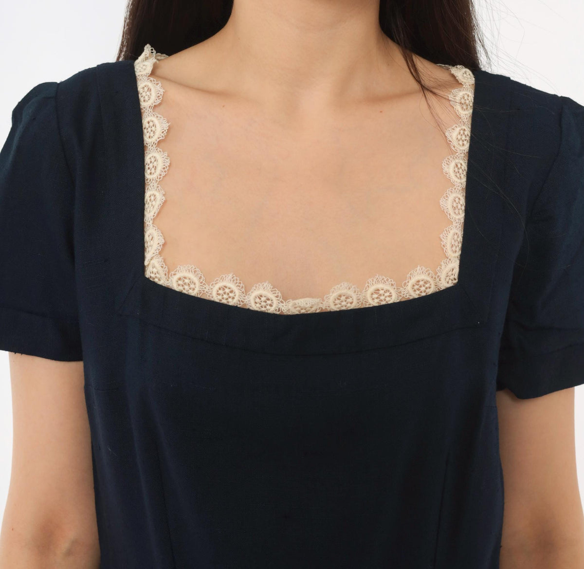 60s Navy Dress Square Neck Lace Trim A-Line Short Sleeve Side Zip Medium M