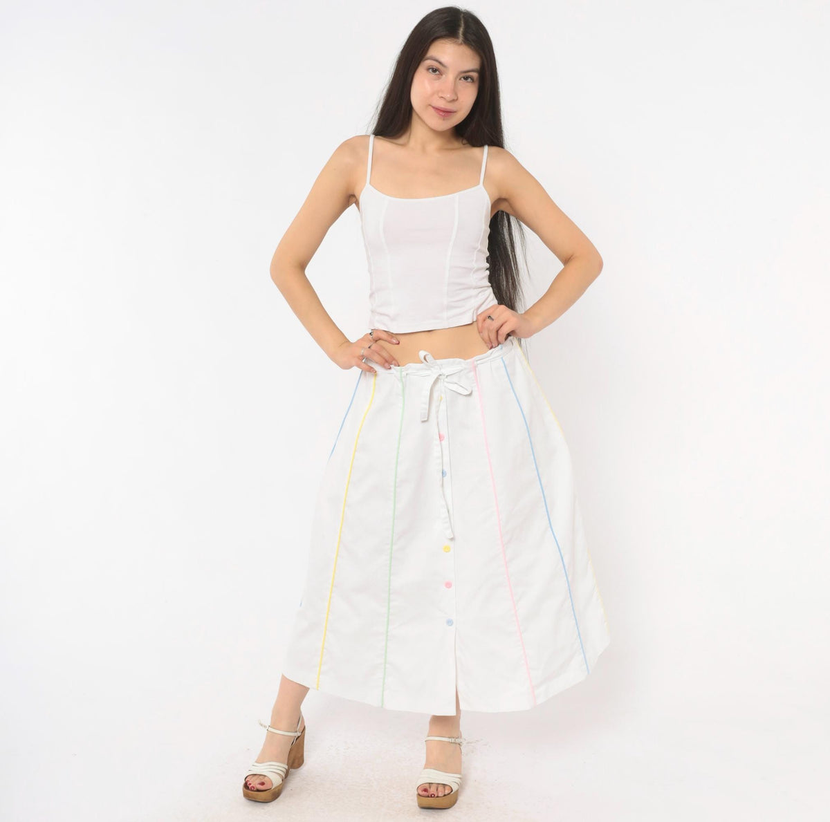 80s Sanibel White Cotton A-Line Midi Skirt Pastel Rainbow Button Front Medium