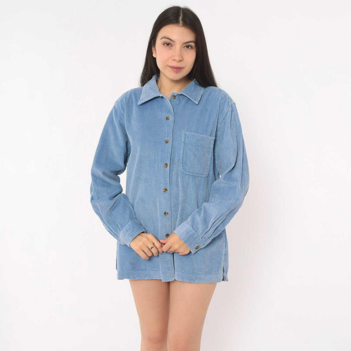 90s L.L.Bean Corduroy Button-Front Shirt Sky Blue Cotton Medium M