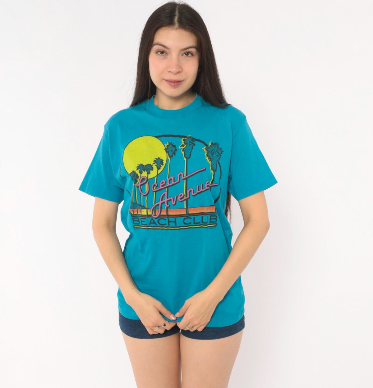 80s Chemise D'Sol Ocean Avenue Beach Club Teal Graphic Tee Palm Tree Sunset Small