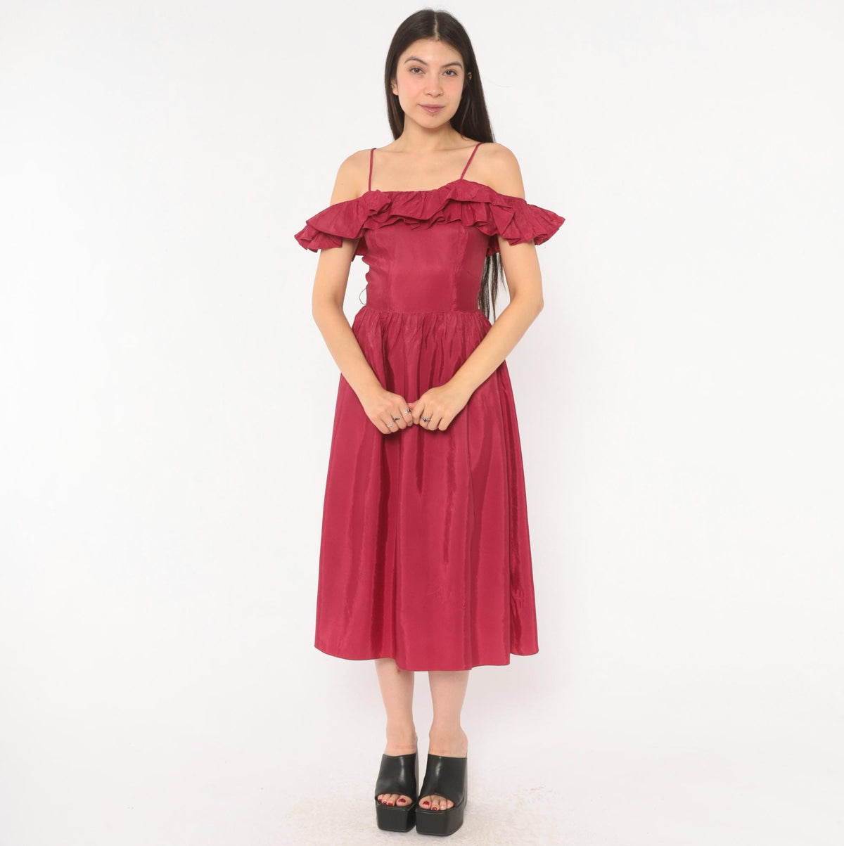 80s Raspberry Off-Shoulder Midi Dress Ruffle Gathered Skirt Extra Small