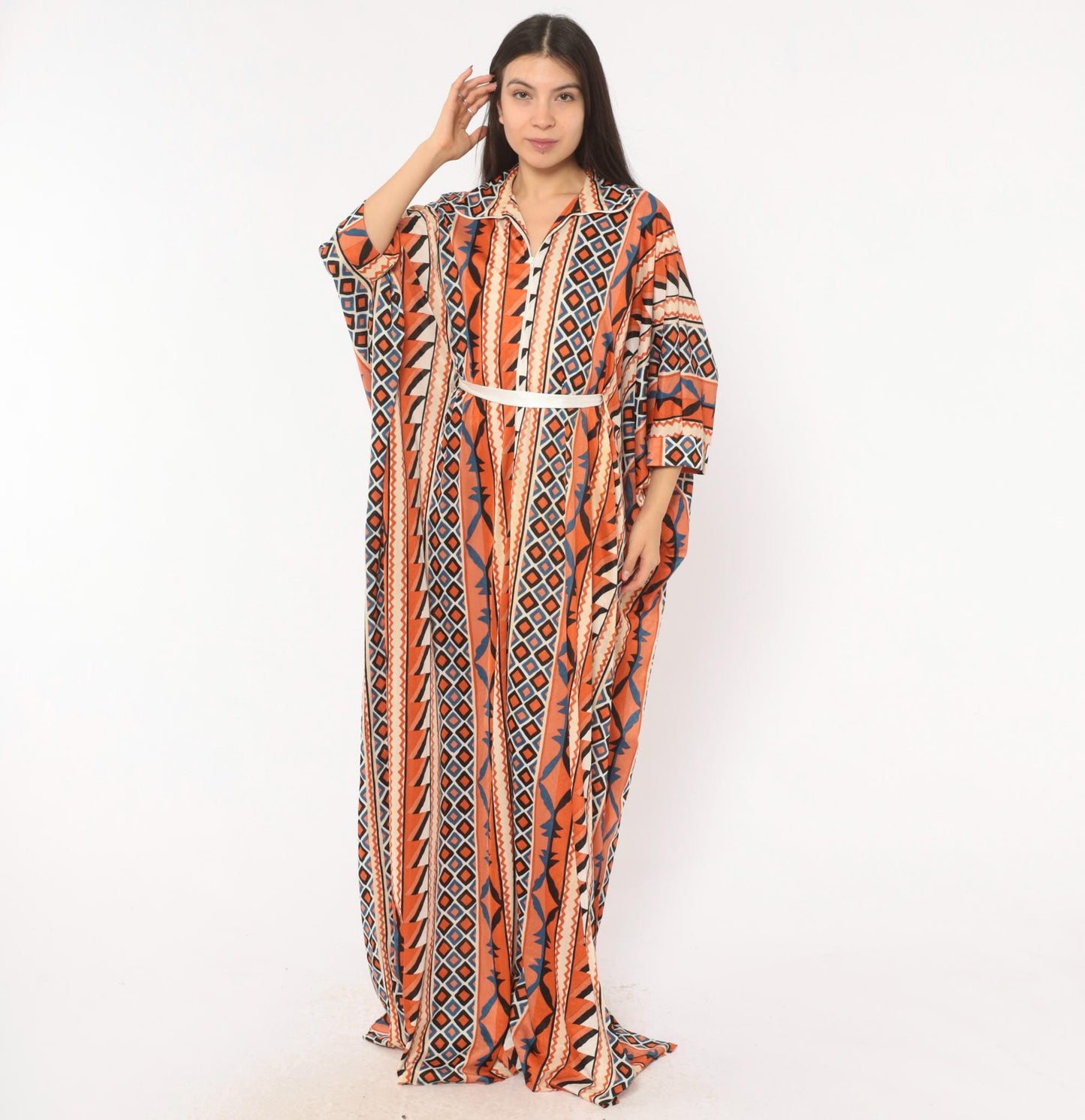 70s Le Voys Aztec Caftan Maxi Dress Orange Cream Blue Geometric Tribal Stripe One Size
