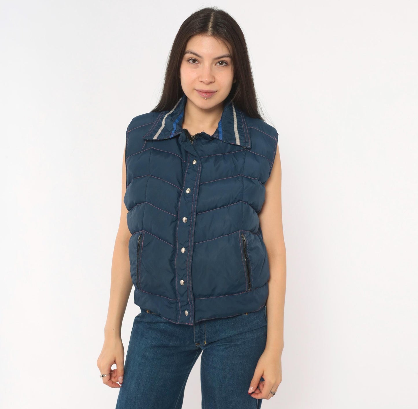 80s Frostline Kit Navy Puffer Vest Chevron Quilted Snap Front Small