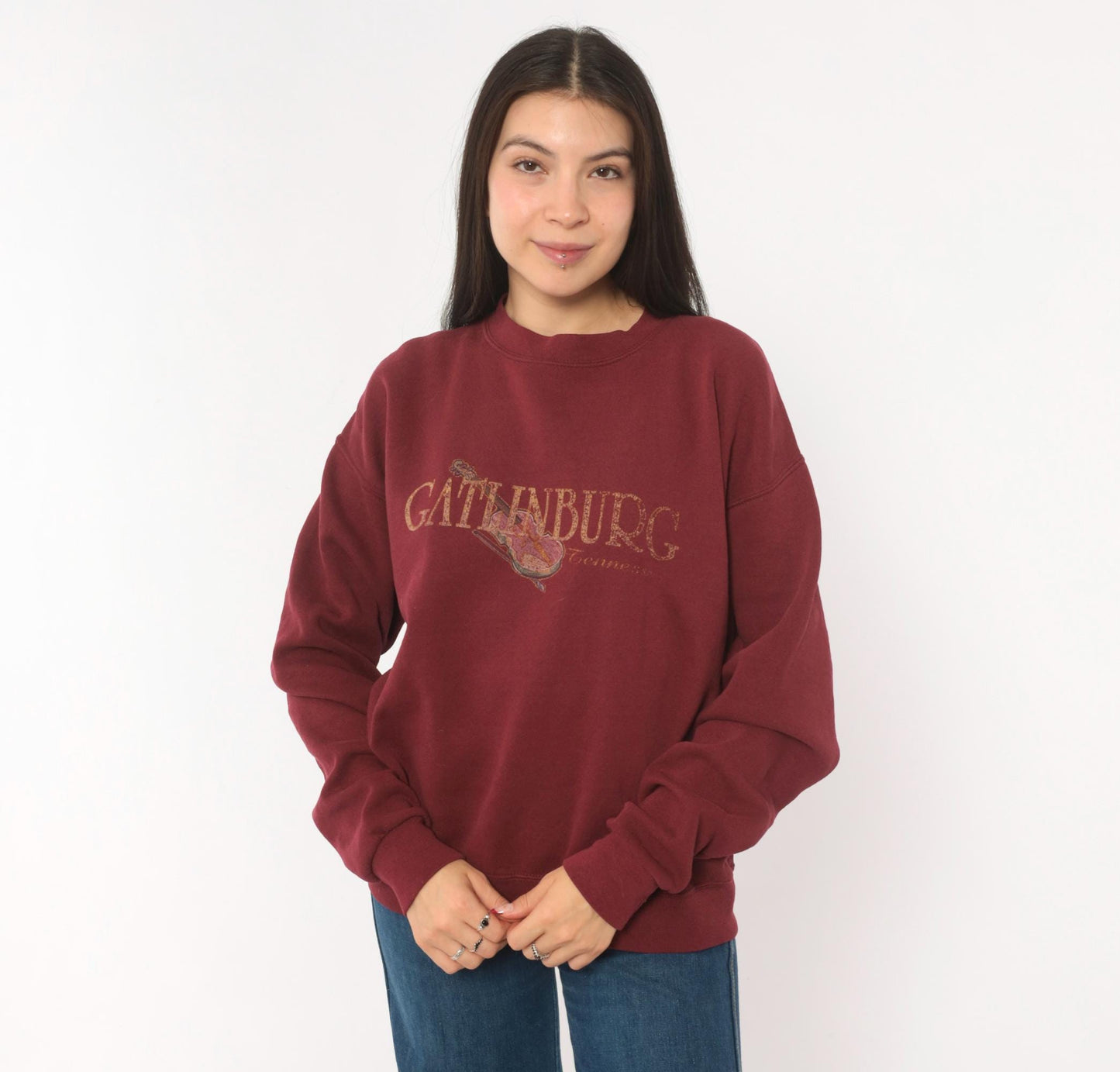 90s Santee Gatlinburg Tennessee Fiddle Sweatshirt Burgundy Crewneck Medium M