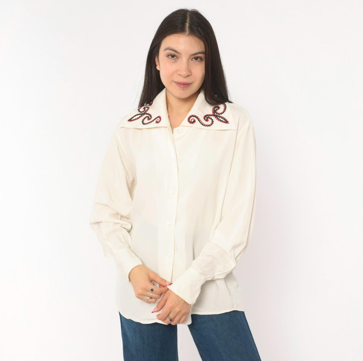 80s Bellows Brut Cream Western Blouse Red Black Embroidered Collar Medium M