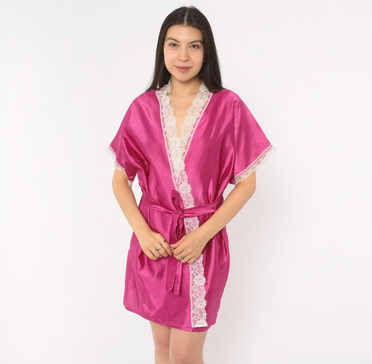 80s Fuchsia Satin Kimono Robe Lace Trim Tie Front Medium Large