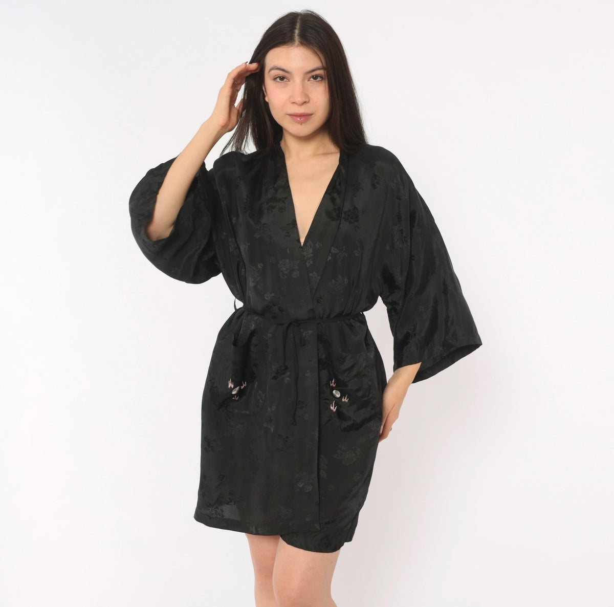 90s Golden Bee Black Satin Kimono Robe Dragon Embroidered Medium M