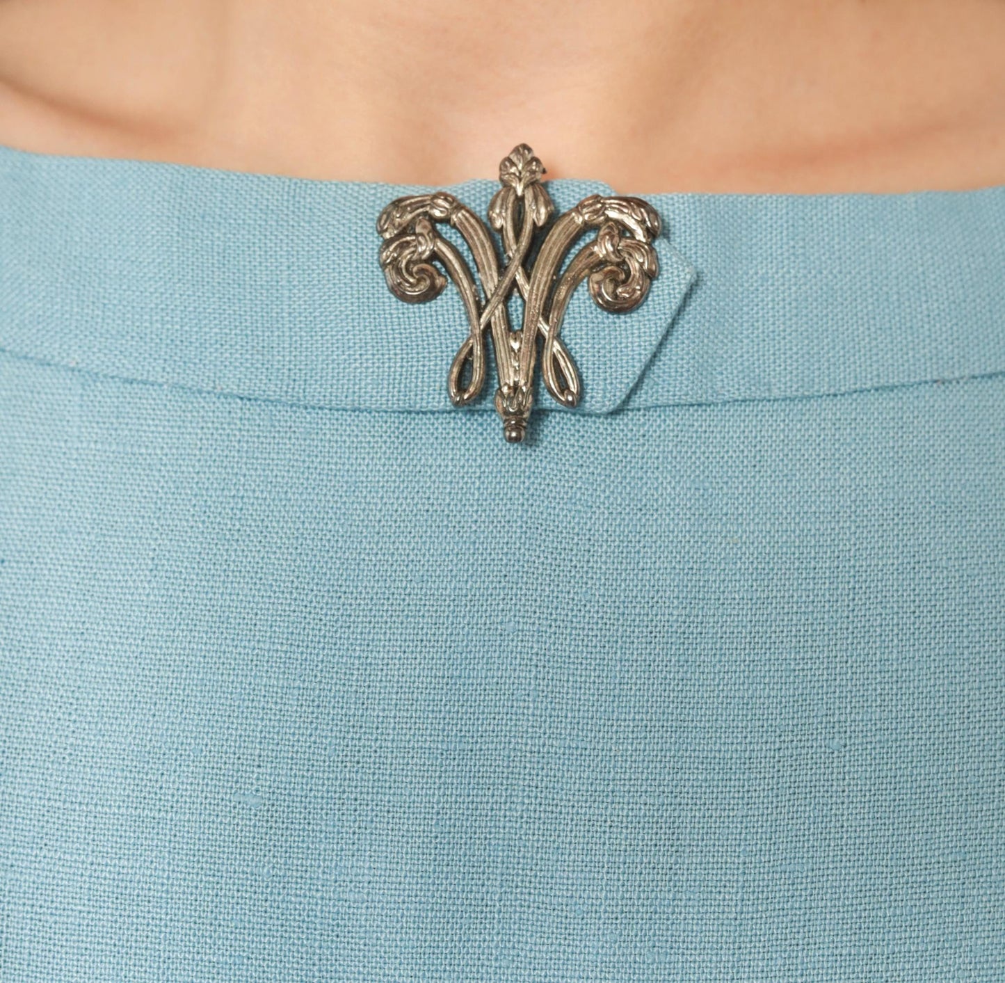 60s Mod Shift Dress Wool Boat Neck Blue Silver Brooch Large L